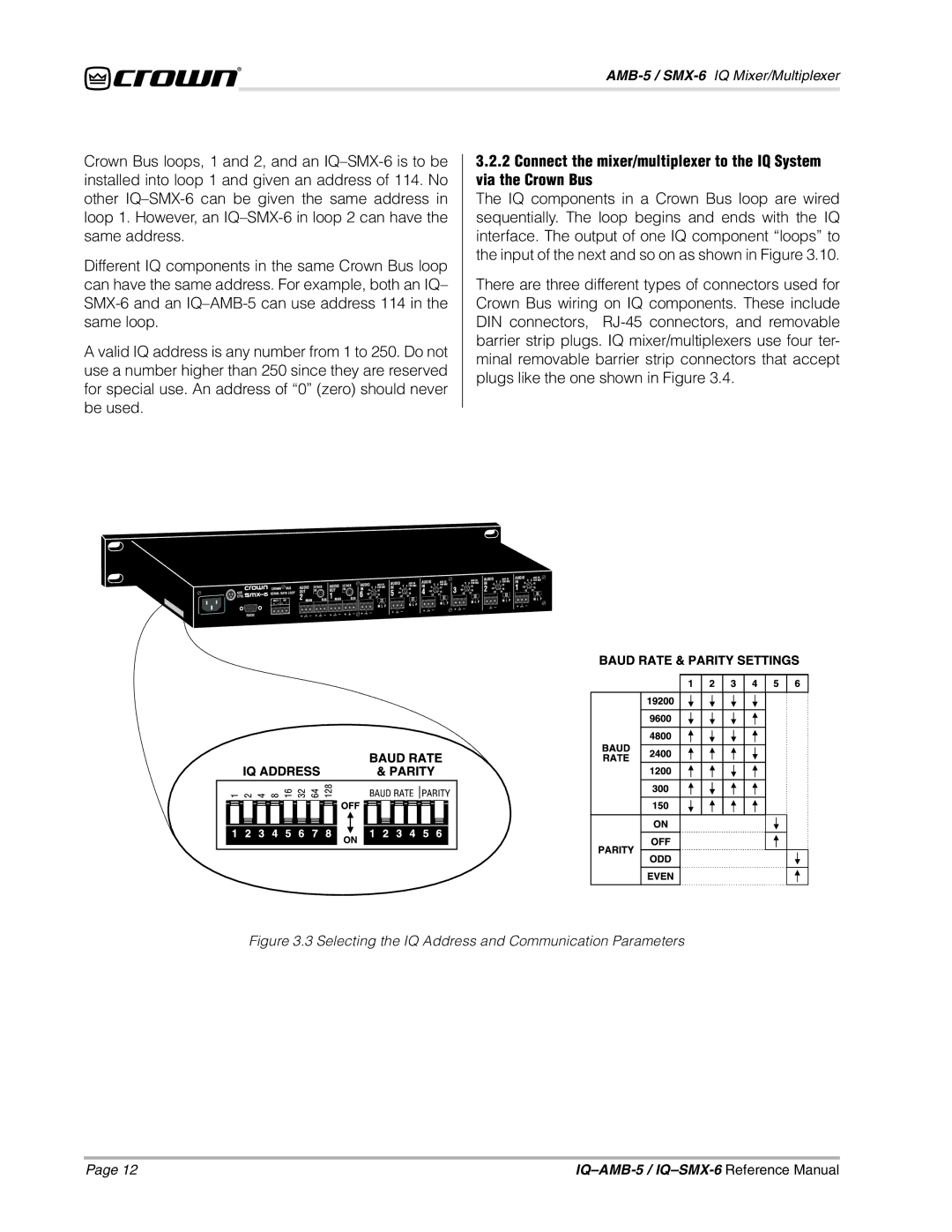 Crown IQSMX-6, IQAMB-5 manual Selecting the IQ Address and Communication Parameters 