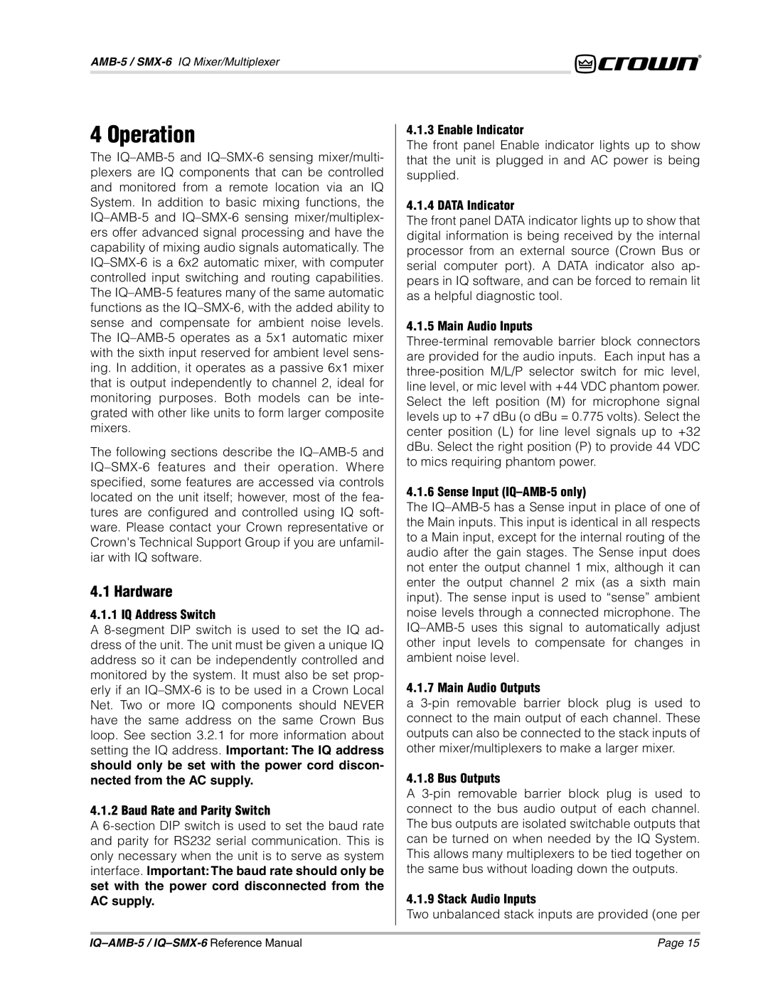 Crown IQAMB-5, IQSMX-6 manual Operation, Hardware 