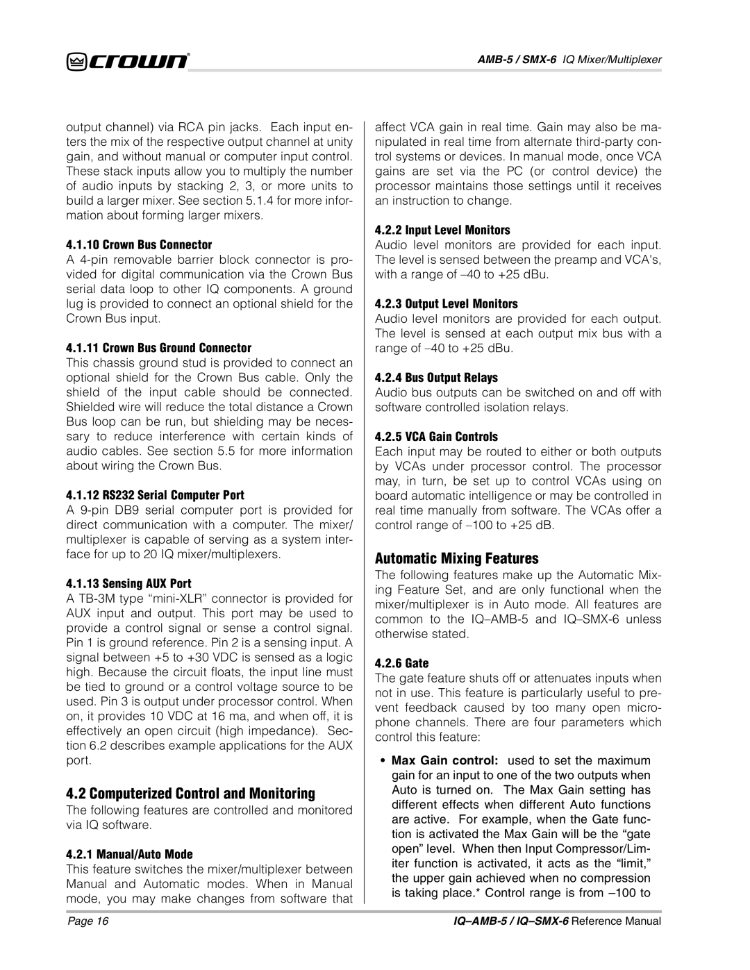 Crown IQSMX-6, IQAMB-5 manual Computerized Control and Monitoring, Automatic Mixing Features 