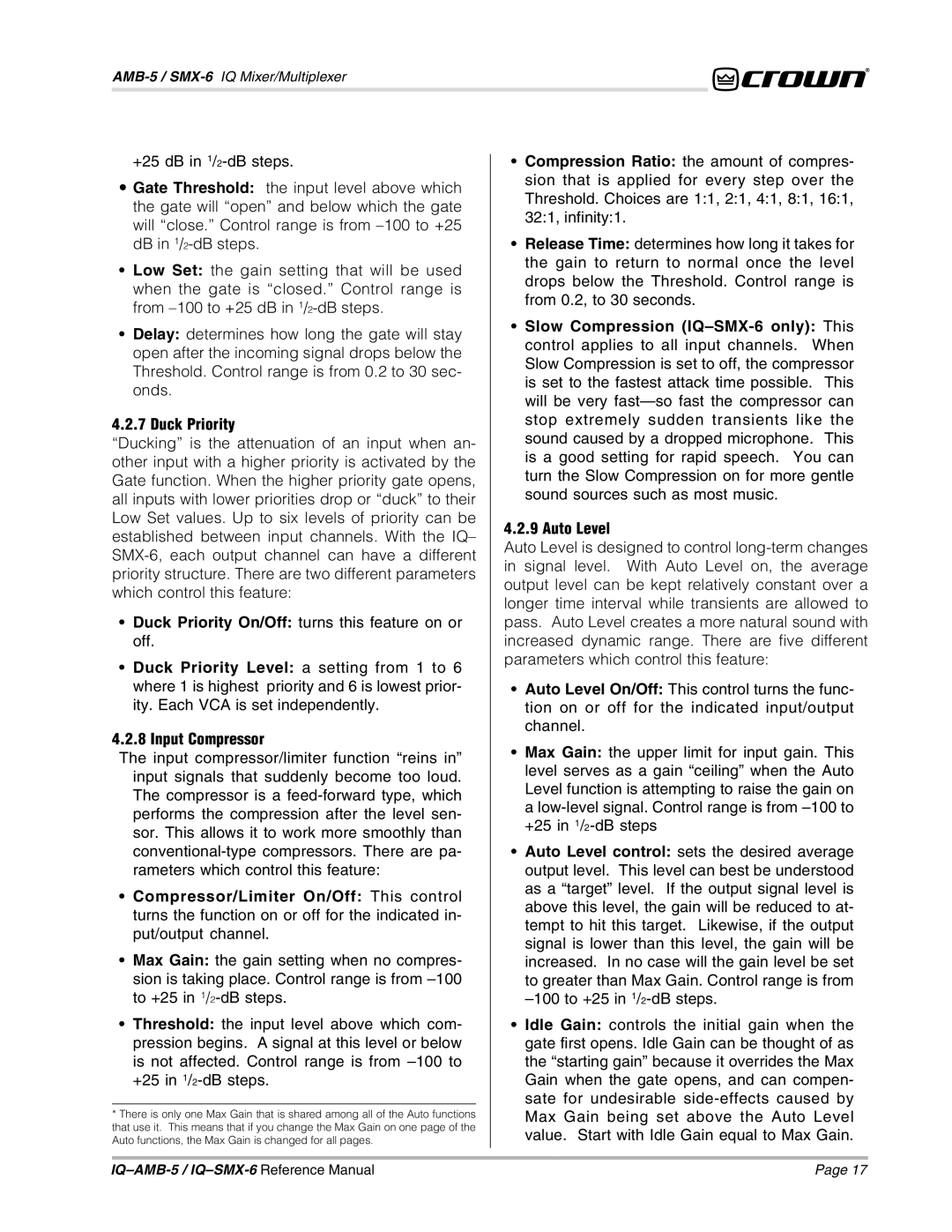 Crown IQAMB-5, IQSMX-6 manual Duck Priority, Input Compressor 