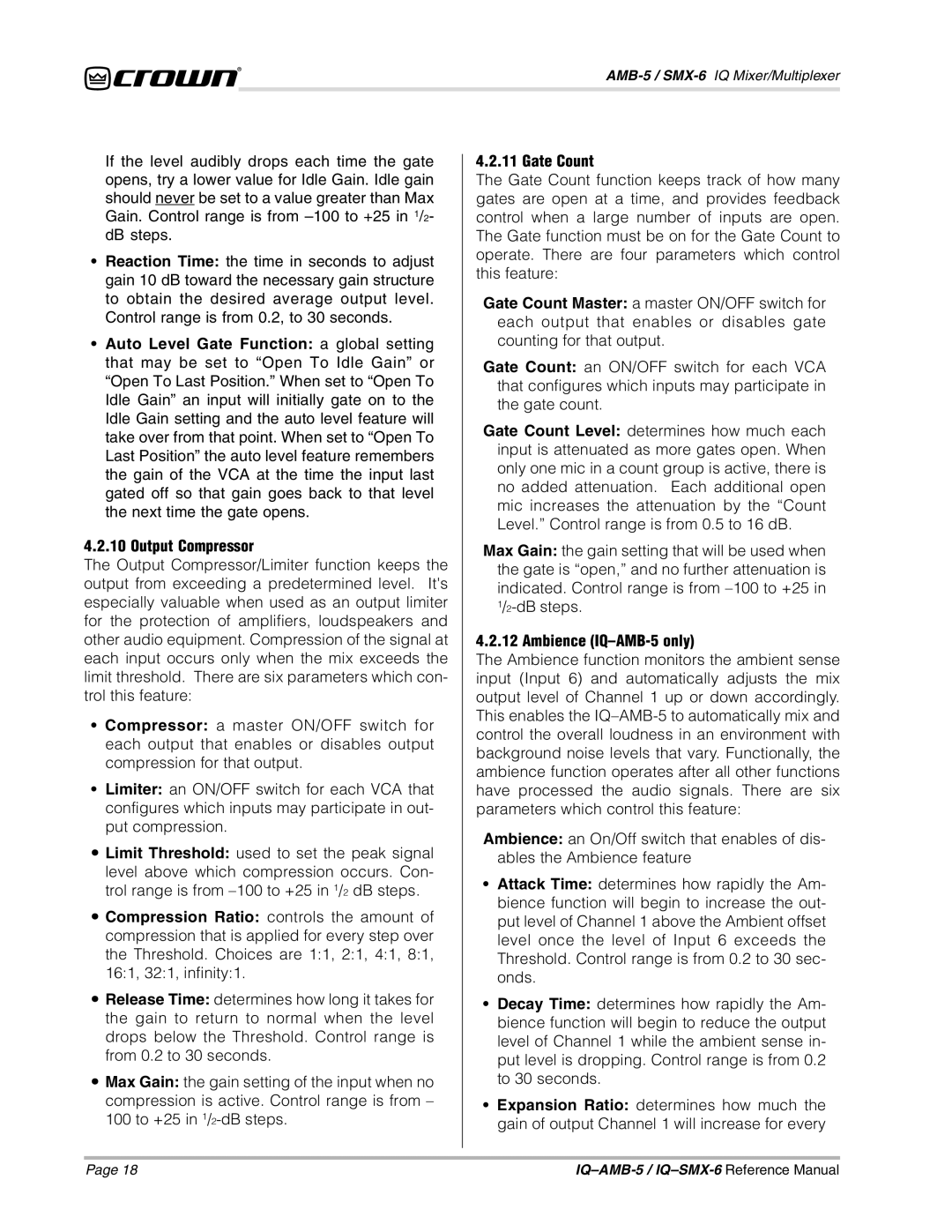 Crown IQSMX-6, IQAMB-5 manual Gate Count, Ambience IQ-AMB-5 only 
