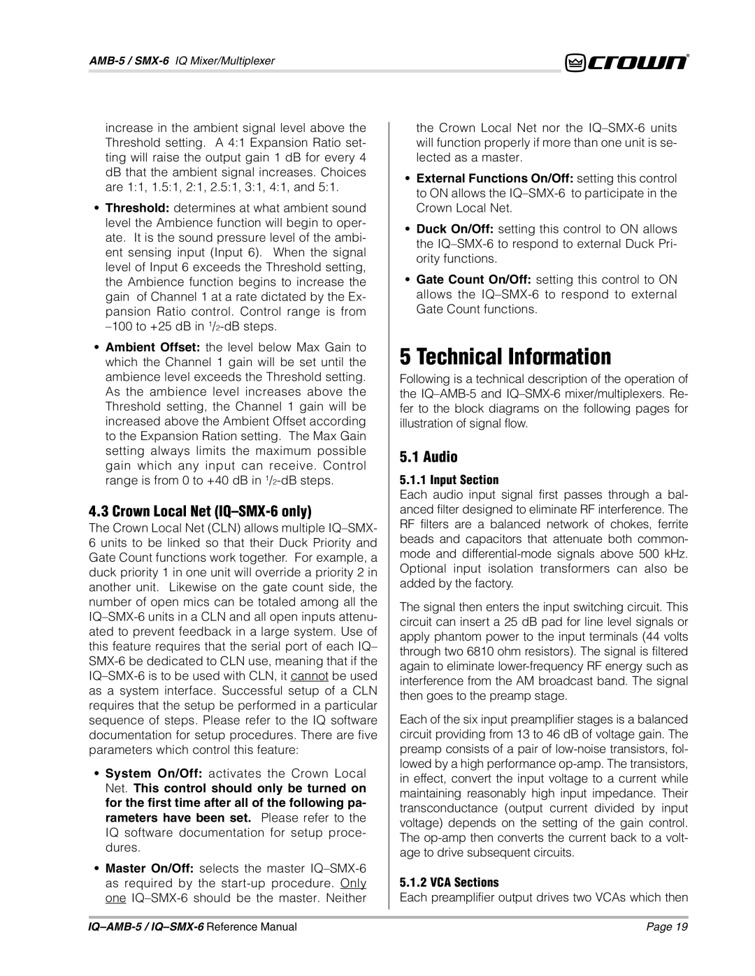 Crown IQAMB-5, IQSMX-6 manual Technical Information, Crown Local Net IQ-SMX-6 only, Audio, Input Section, VCA Sections 