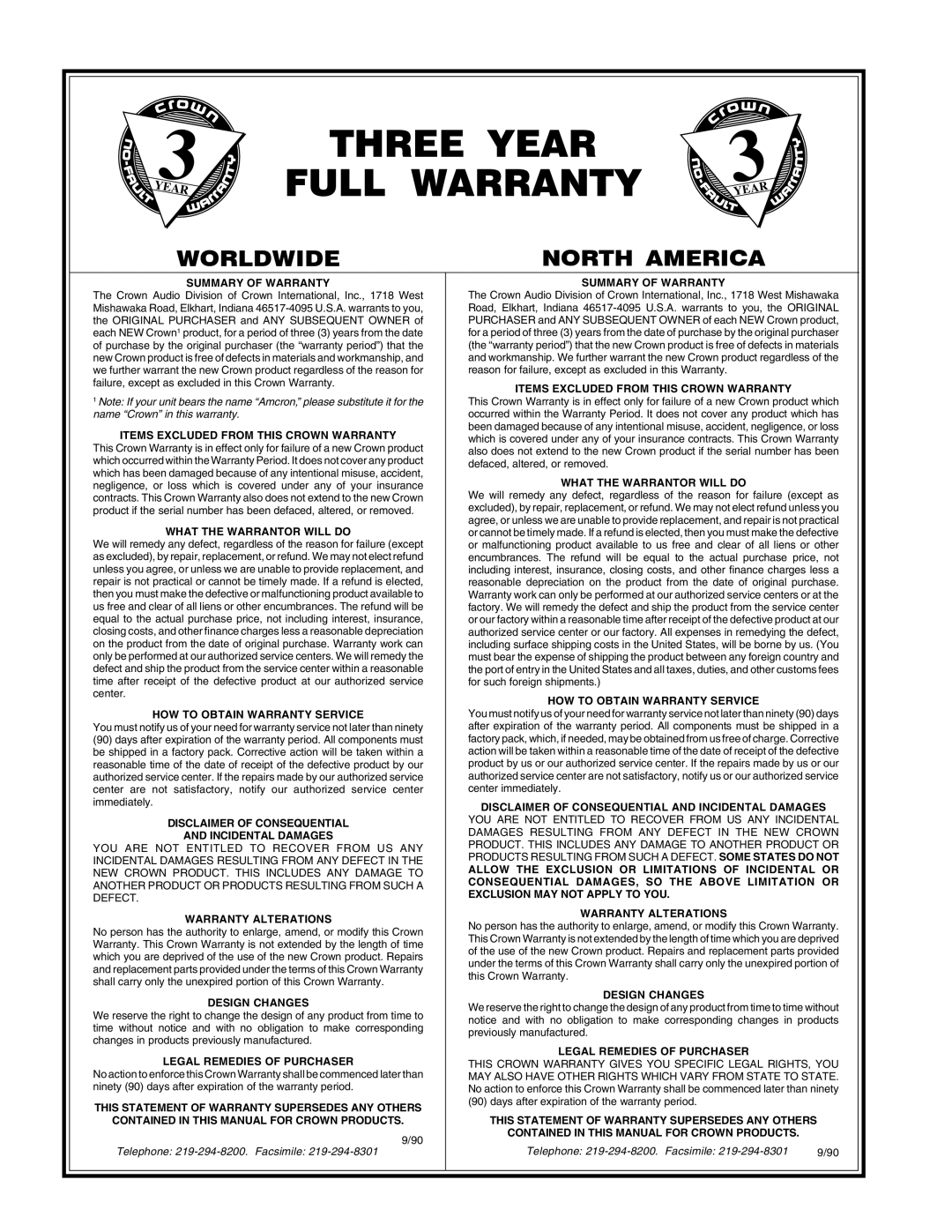 Crown IQSMX-6, IQAMB-5 manual Three Year Full Warranty 