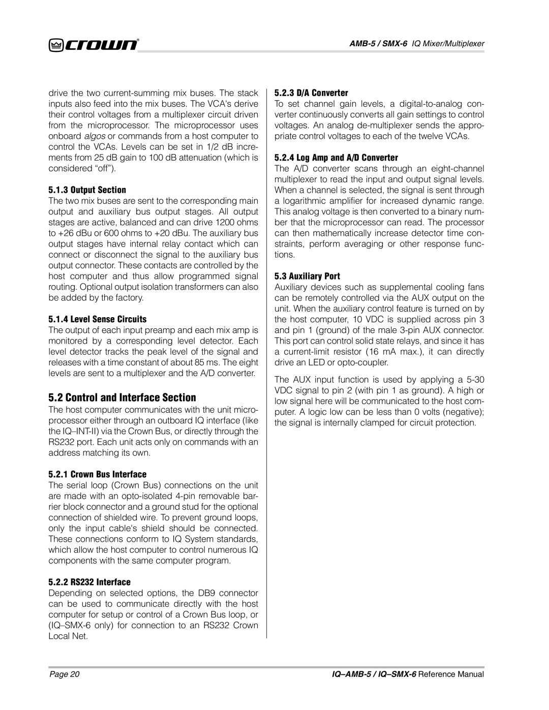Crown IQSMX-6, IQAMB-5 manual Control and Interface Section 