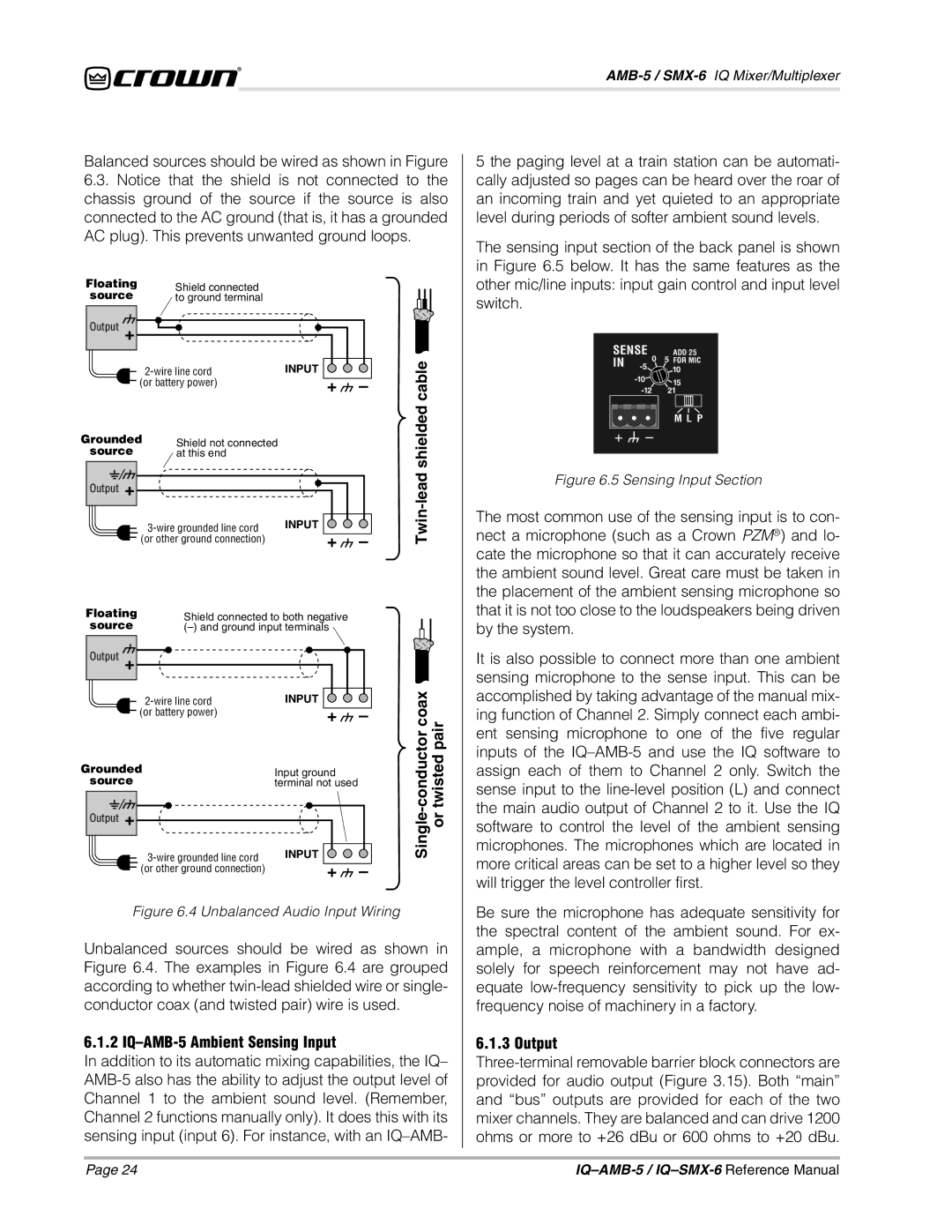 Crown IQSMX-6, IQAMB-5 manual Cable, Shielded, Twin-lead, IQ-AMB-5 Ambient Sensing Input, Output 