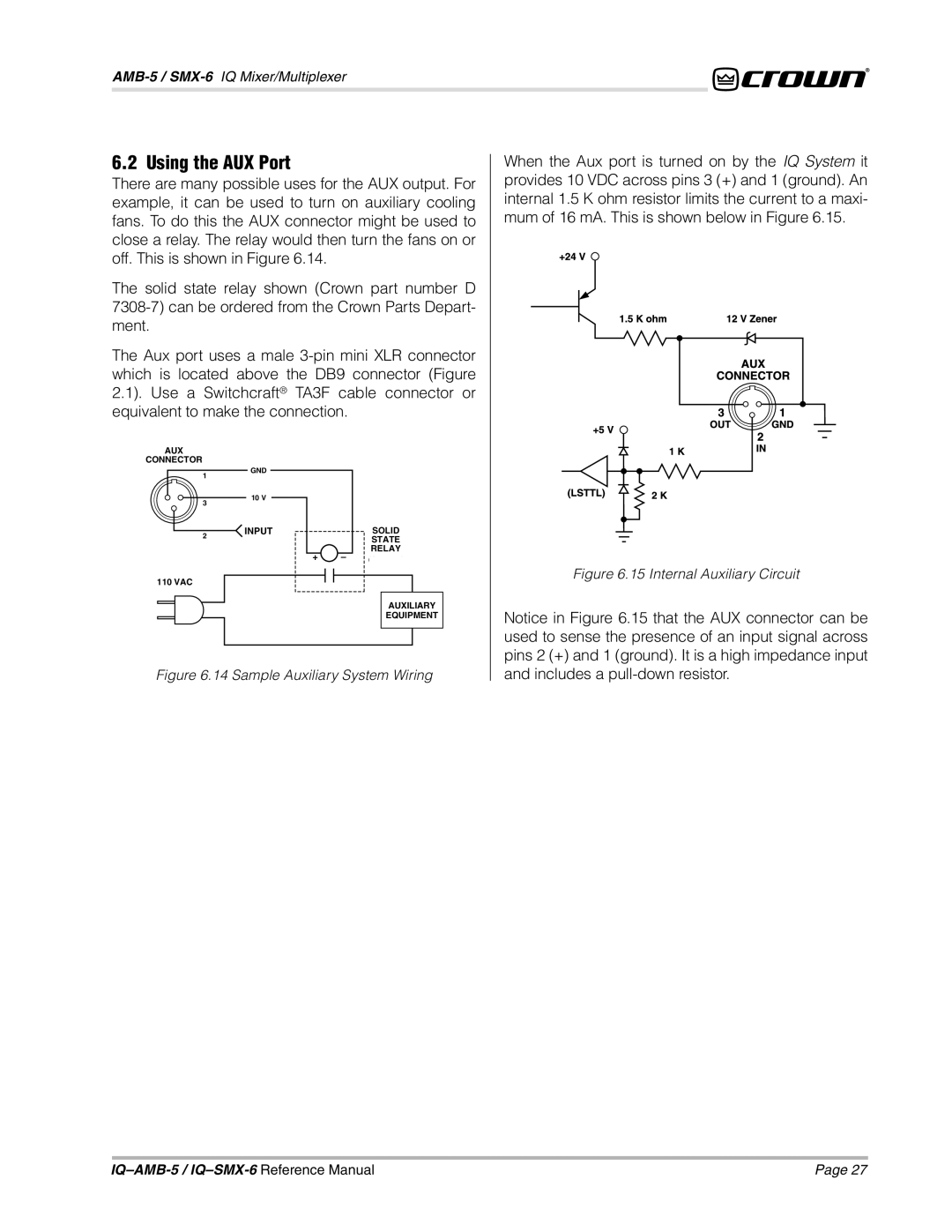 Crown IQAMB-5, IQSMX-6 manual Using the AUX Port, Internal Auxiliary Circuit 