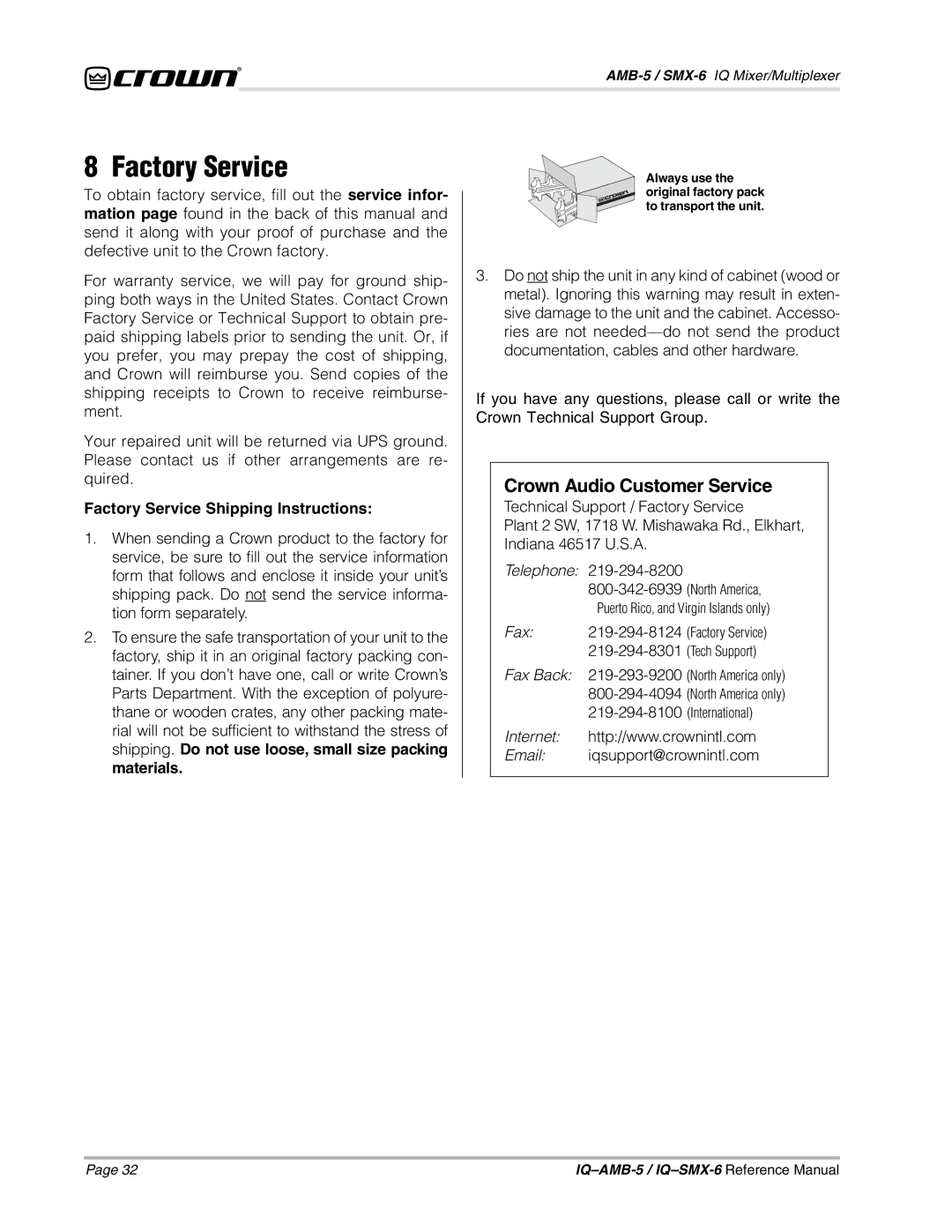 Crown IQSMX-6, IQAMB-5 manual Crown Audio Customer Service, Factory Service Shipping Instructions 