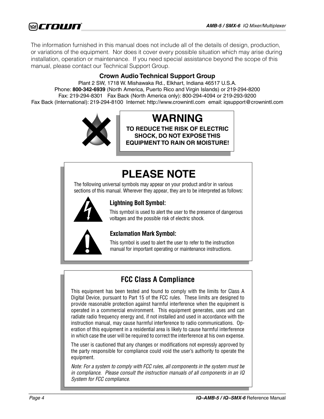 Crown IQSMX-6, IQAMB-5 manual Crown Audio Technical Support Group, Lightning Bolt Symbol, Exclamation Mark Symbol 