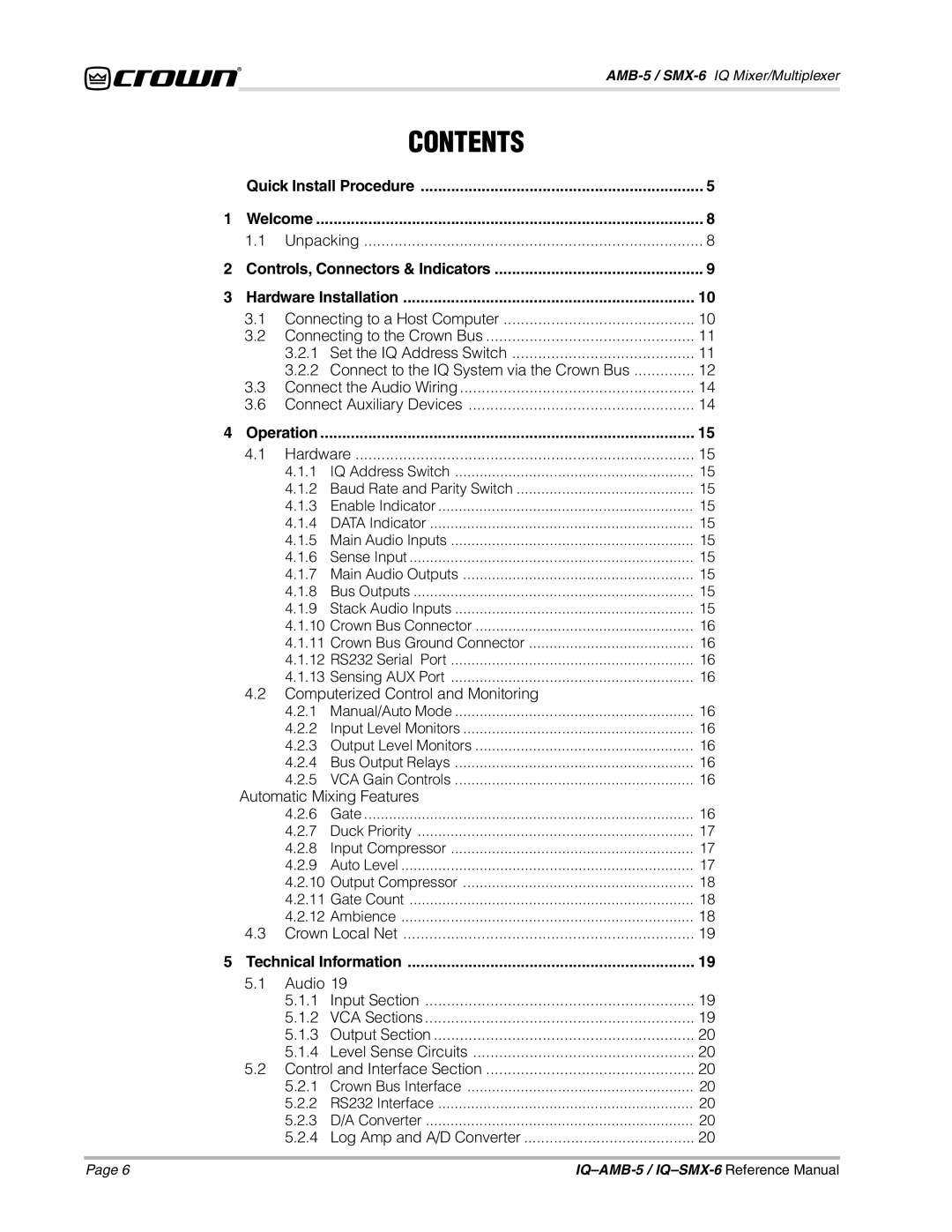 Crown IQSMX-6, IQAMB-5 manual Contents 