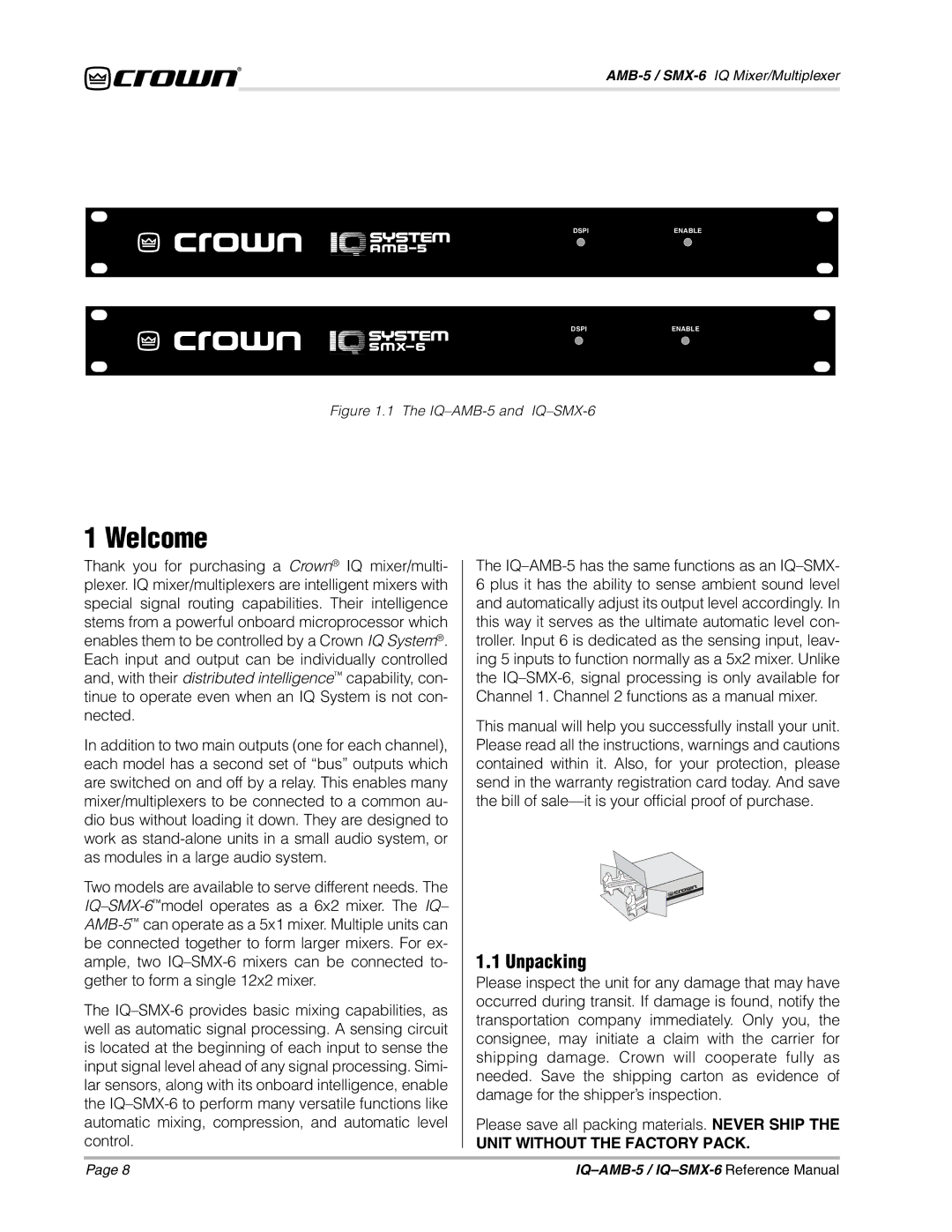 Crown IQSMX-6, IQAMB-5 manual Welcome, Unpacking 