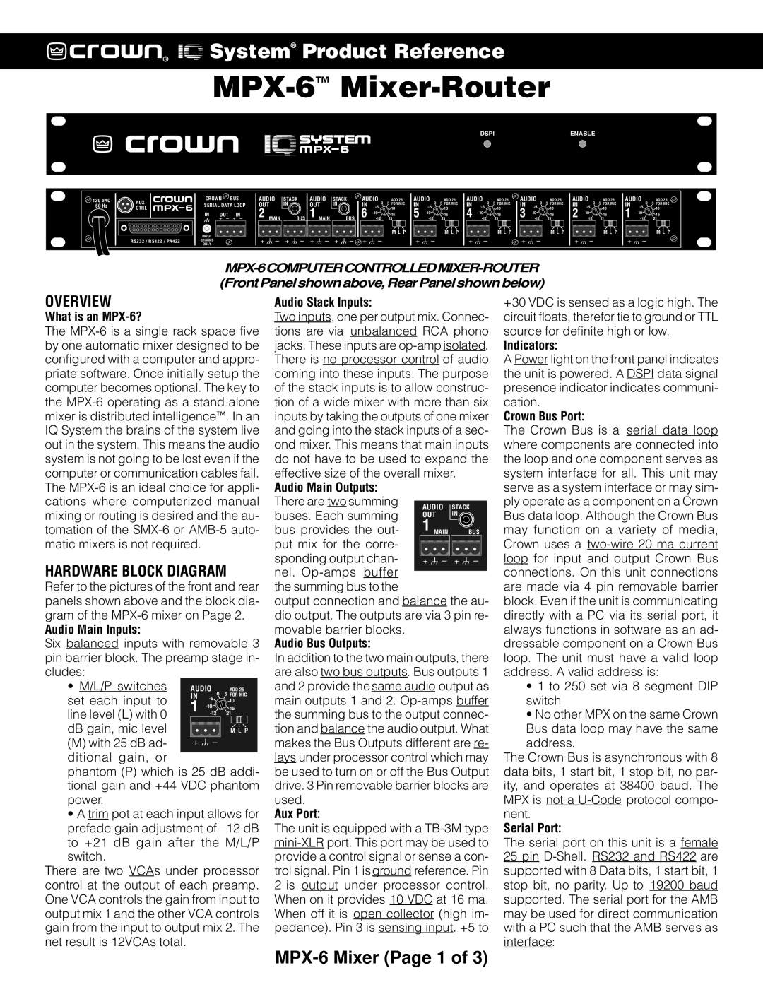 Crown MPX-6TM manual Overview, Hardware Block Diagram 