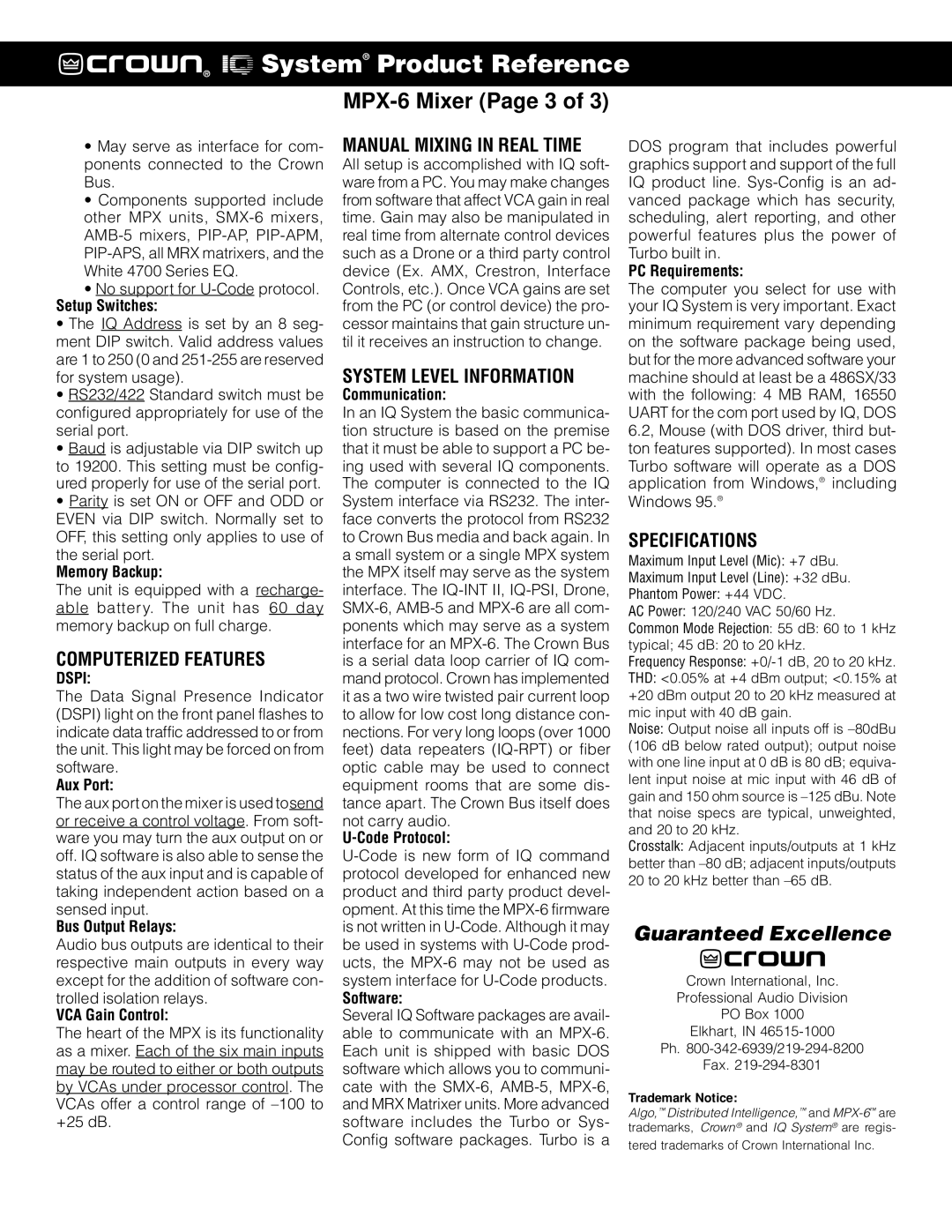 Crown MPX-6TM manual Computerized Features, Manual Mixing in Real Time, System Level Information, Specifications 