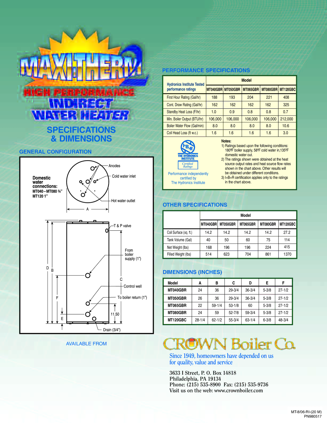 Crown MT050GBR manual Specifications Dimensions, Performance Specifications, General Configuration, Other Specifications 