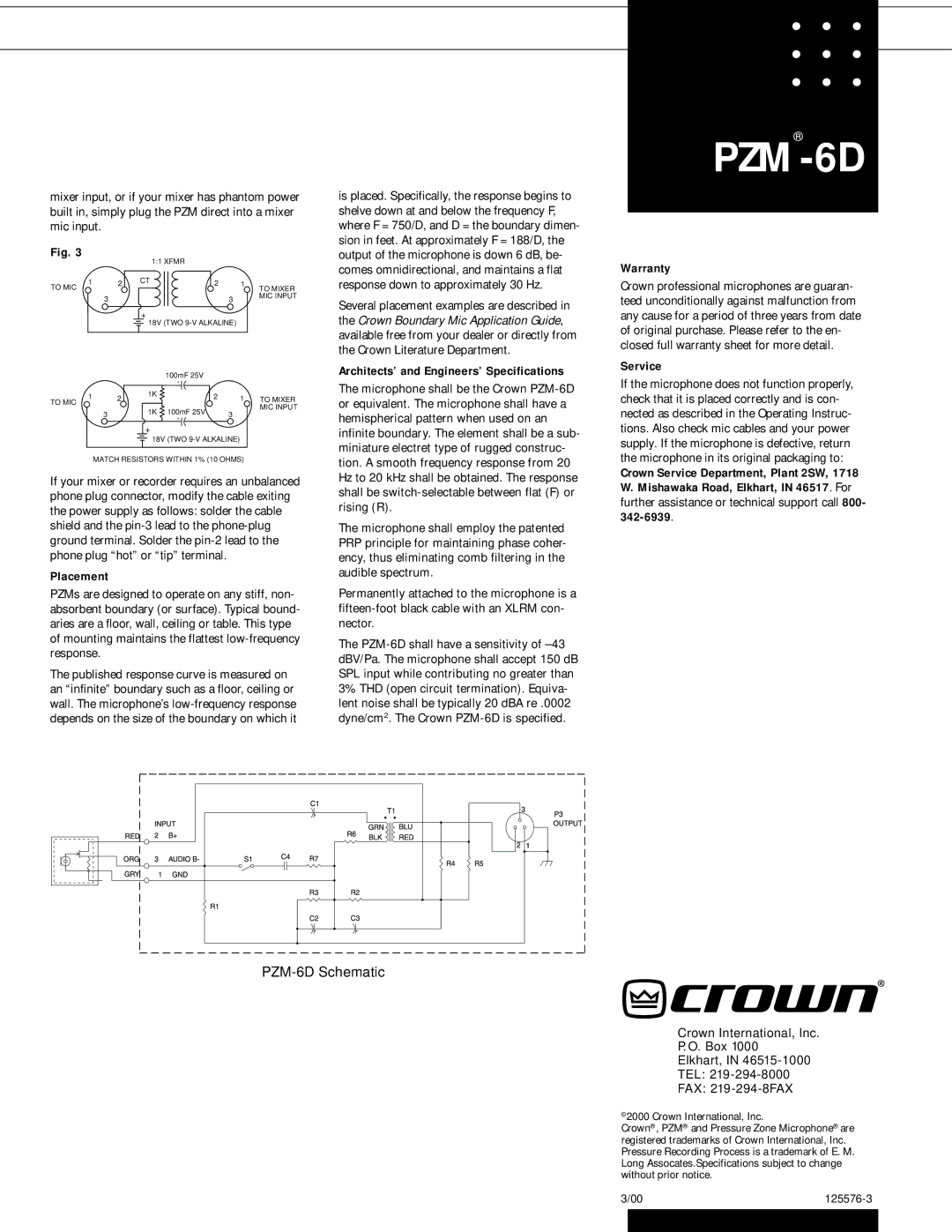 Crown PZM-6D specifications Placement, Architects’ and Engineers’ Specifications, Warranty, Service 