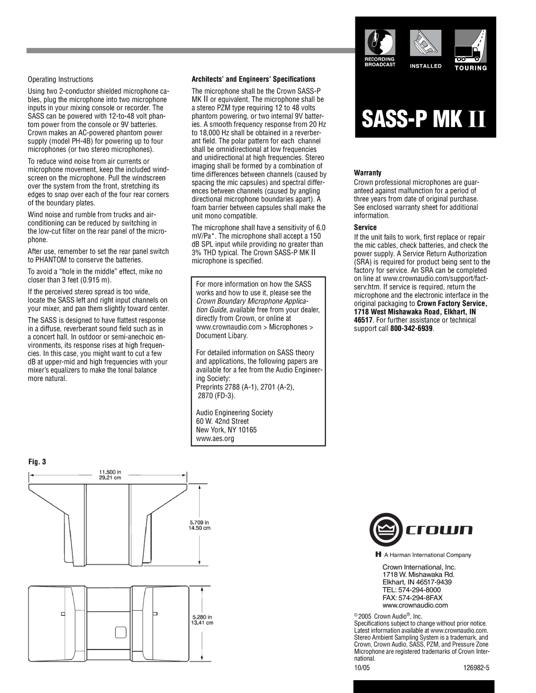 Crown SASS-P MK II Operating Instructions, Architects’ and Engineers’ Speciﬁcations, Warranty, Service, 126982-5 