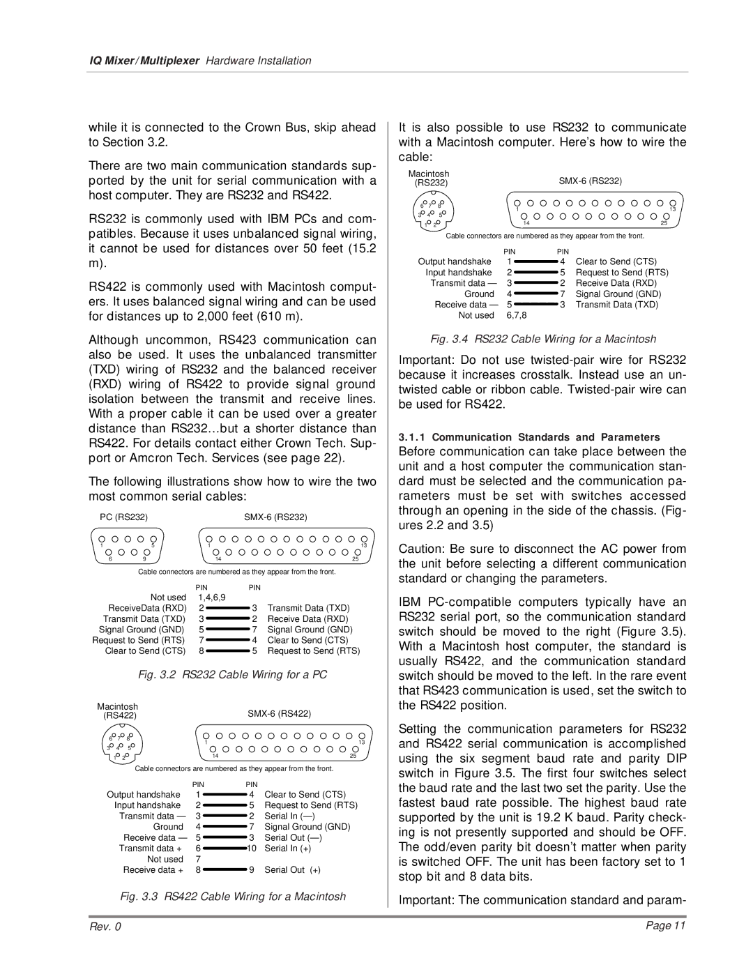 Crown AMB-5, SMX-6, MPX-6 installation manual RS232 Cable Wiring for a PC 