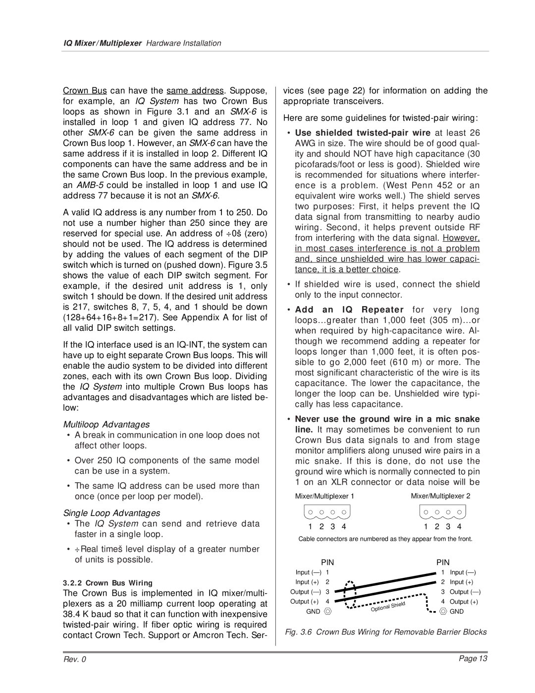 Crown MPX-6, SMX-6, AMB-5 installation manual Multiloop Advantages, Crown Bus Wiring 