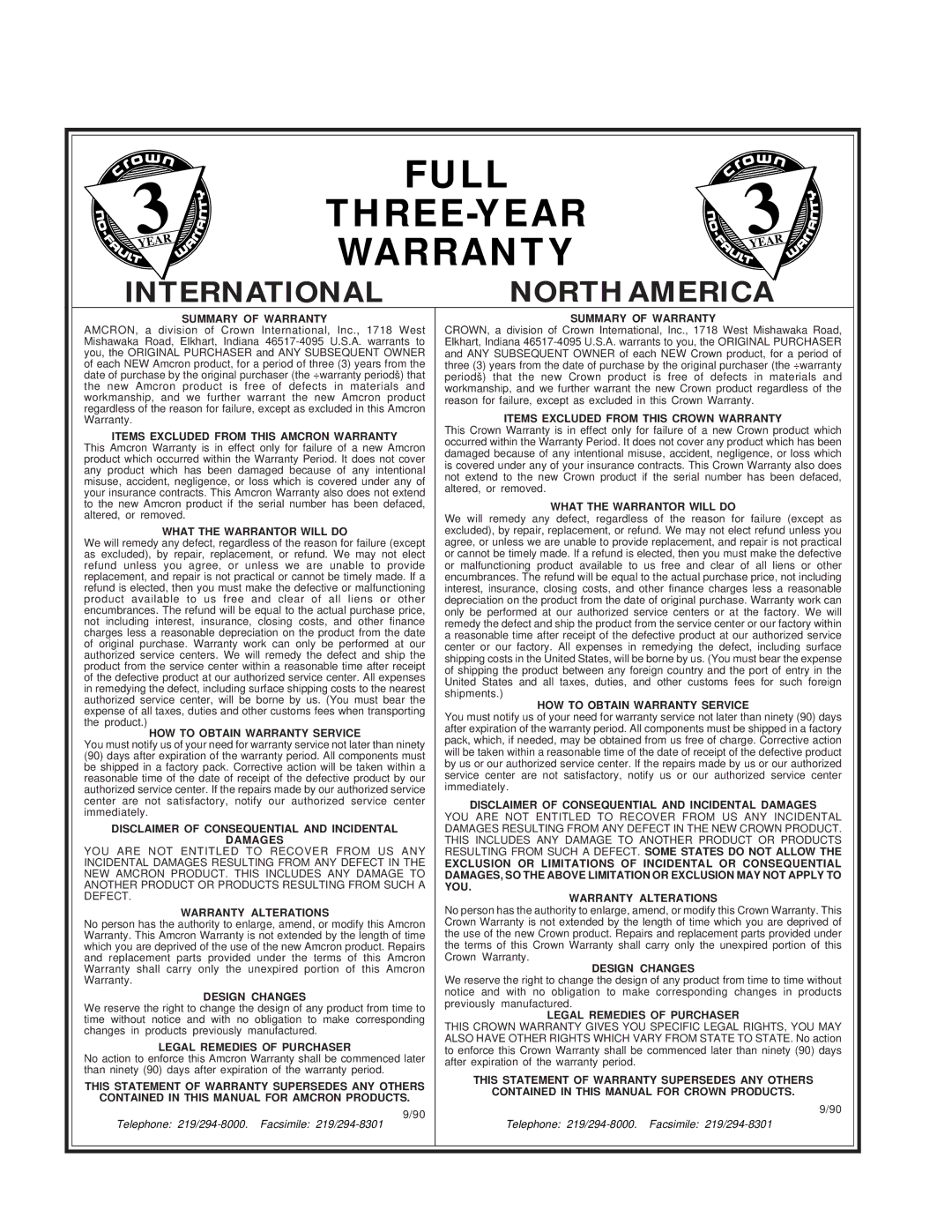 Crown AMB-5, SMX-6, MPX-6 installation manual Full THREE-YEAR Warranty 