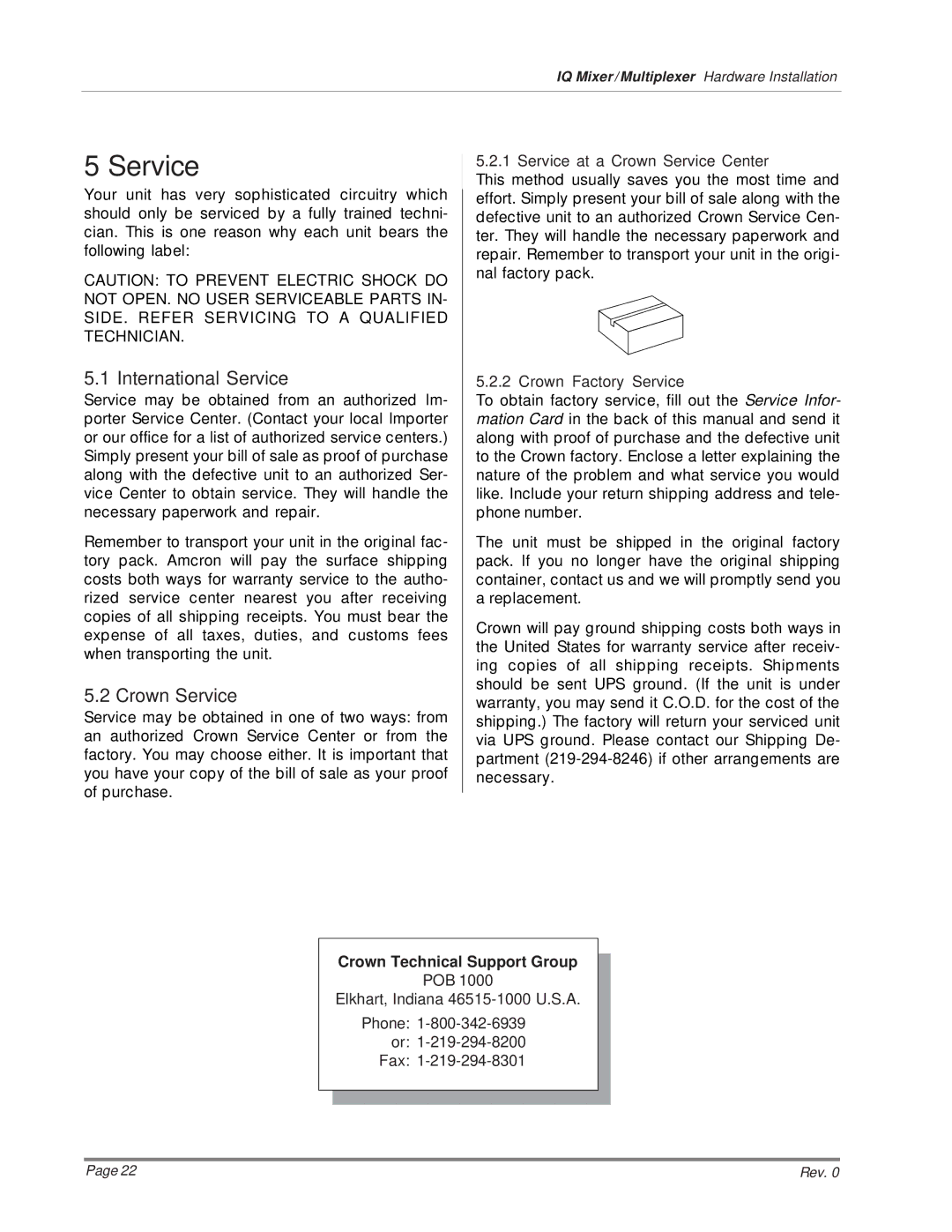 Crown MPX-6, SMX-6, AMB-5 installation manual International Service, Crown Service 