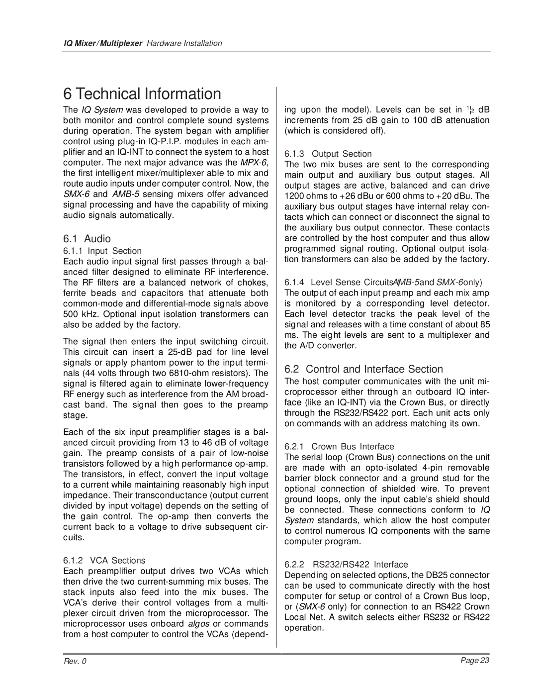 Crown AMB-5, SMX-6, MPX-6 installation manual Technical Information, Audio, Control and Interface Section 