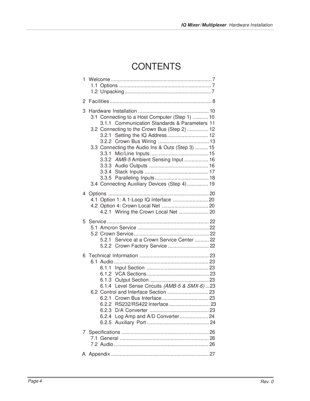 Crown MPX-6, SMX-6, AMB-5 installation manual Contents 