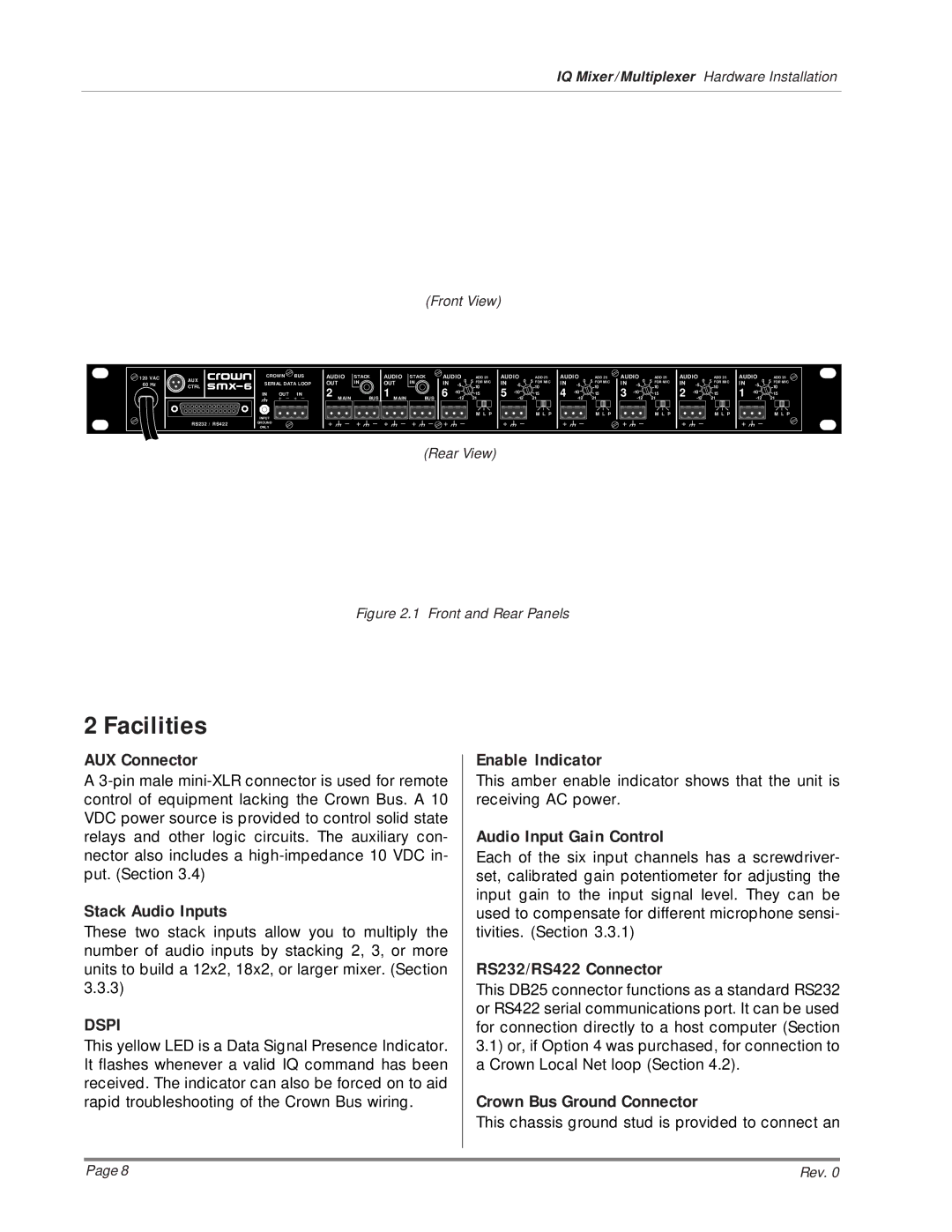 Crown AMB-5, SMX-6, MPX-6 installation manual Facilities 