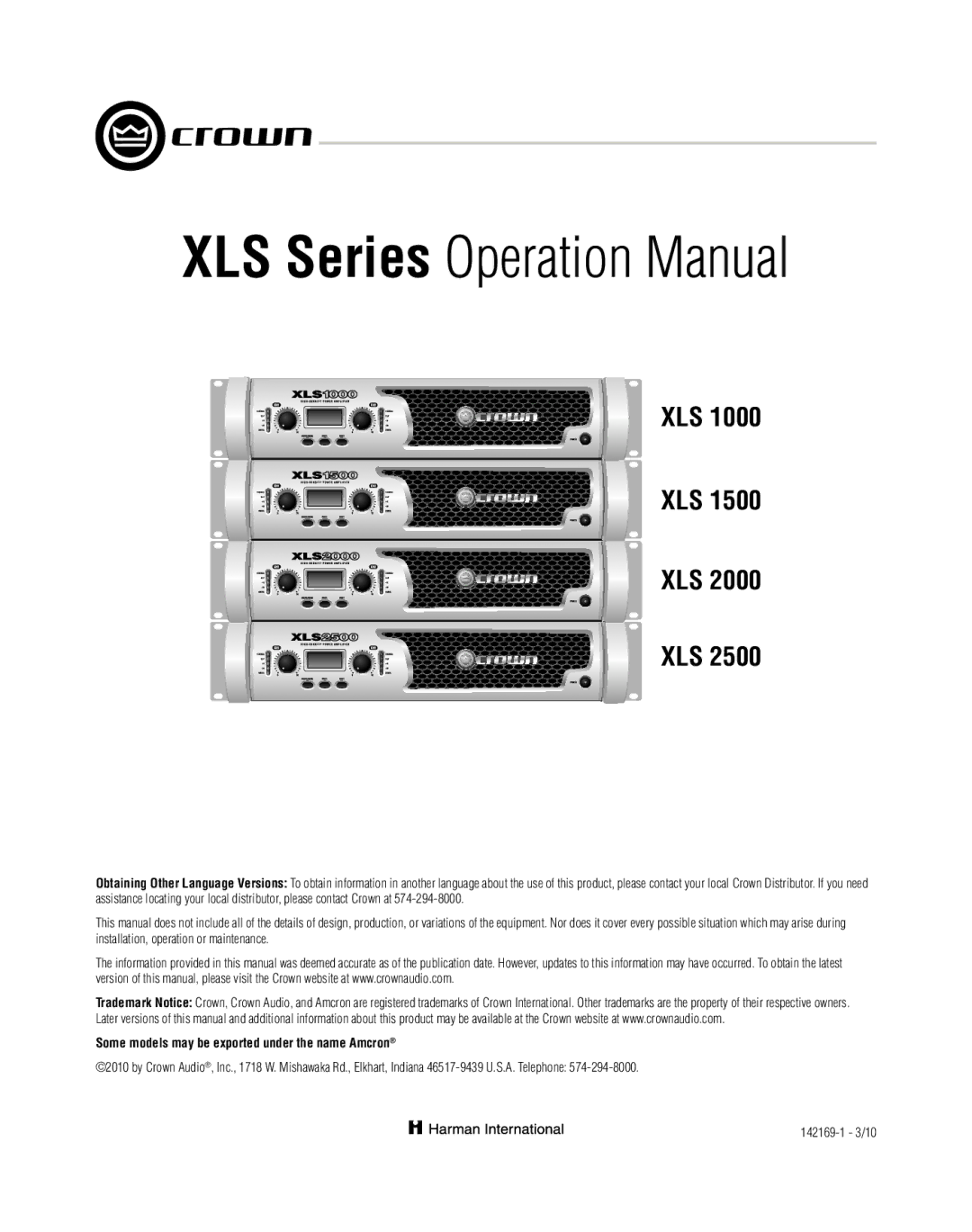 Crown XLS 1000 operation manual Xls 