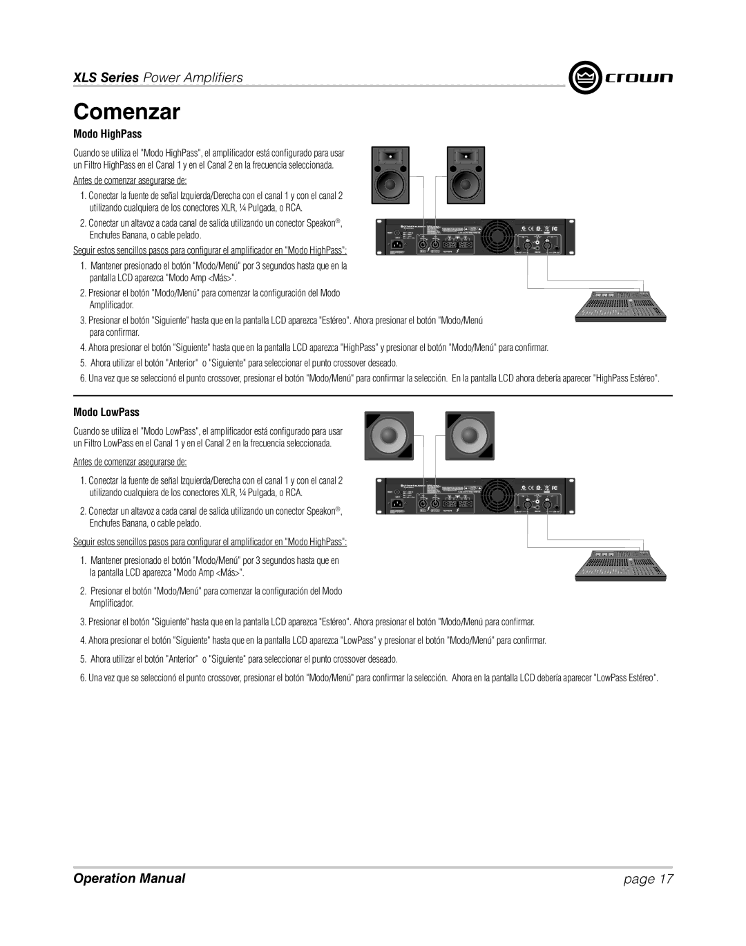 Crown XLS 1000 operation manual Modo HighPass, Modo LowPass 