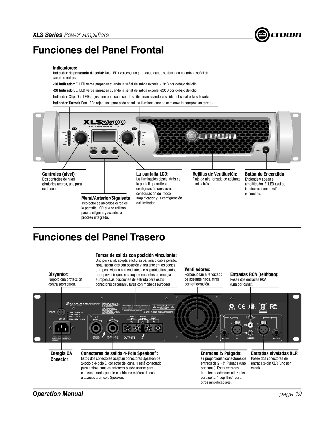 Crown XLS 1000 operation manual Funciones del Panel Frontal, Funciones del Panel Trasero 