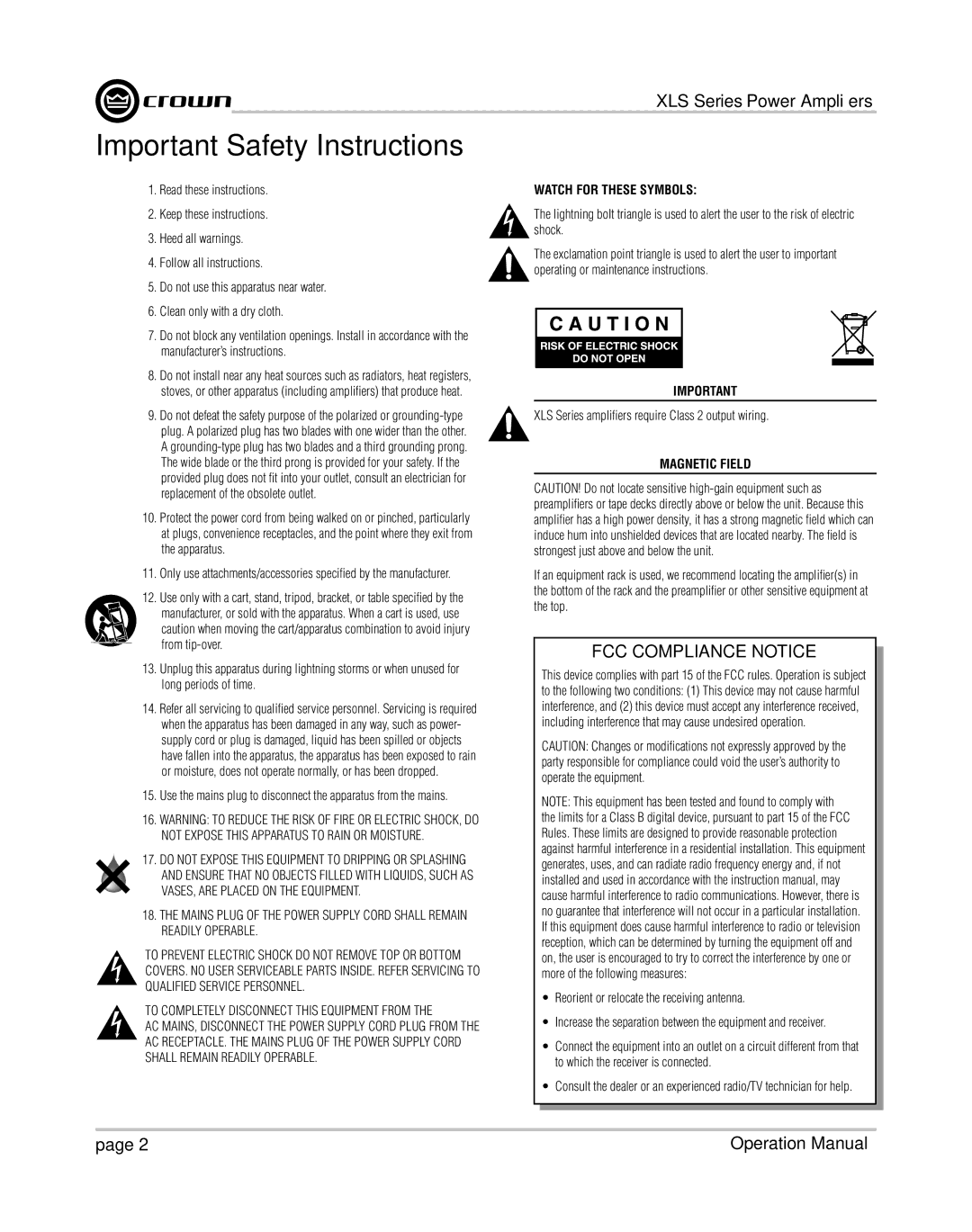 Crown XLS 1000 operation manual Important Safety Instructions, XLS Series ampliﬁ ers require Class 2 output wiring 