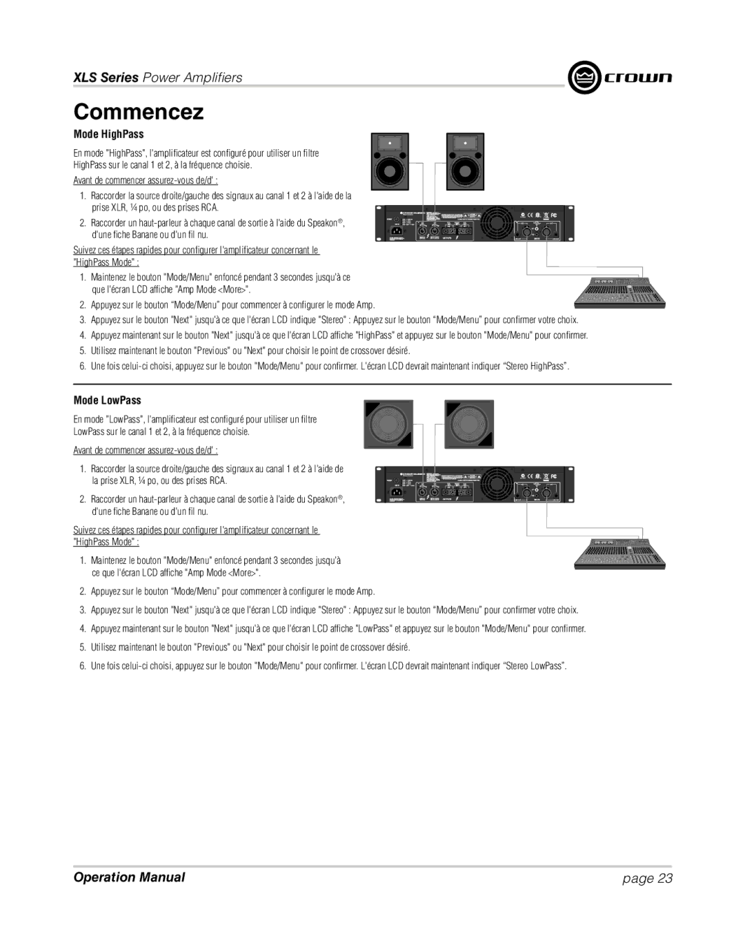 Crown XLS 1000 operation manual Mode HighPass, Mode LowPass 