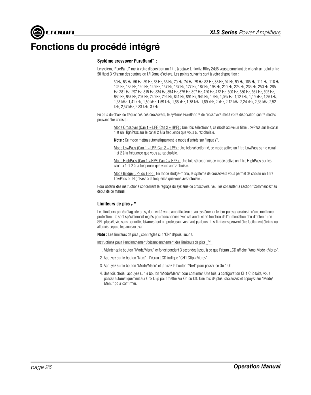 Crown XLS 1000 operation manual Fonctions du procédé intégré, Système crossover PureBand, Limiteurs de pics 