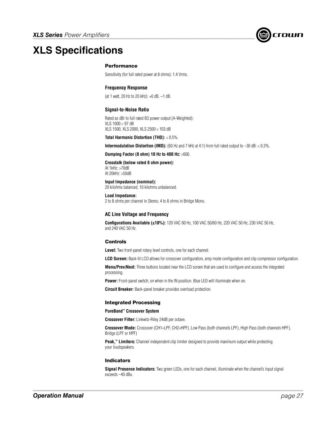 Crown XLS 1000 operation manual XLS Specifications 