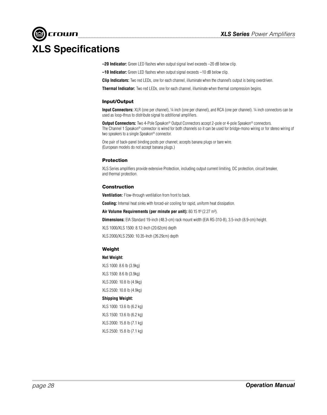 Crown XLS 1000 operation manual Input/Output, Protection, Construction, Weight 