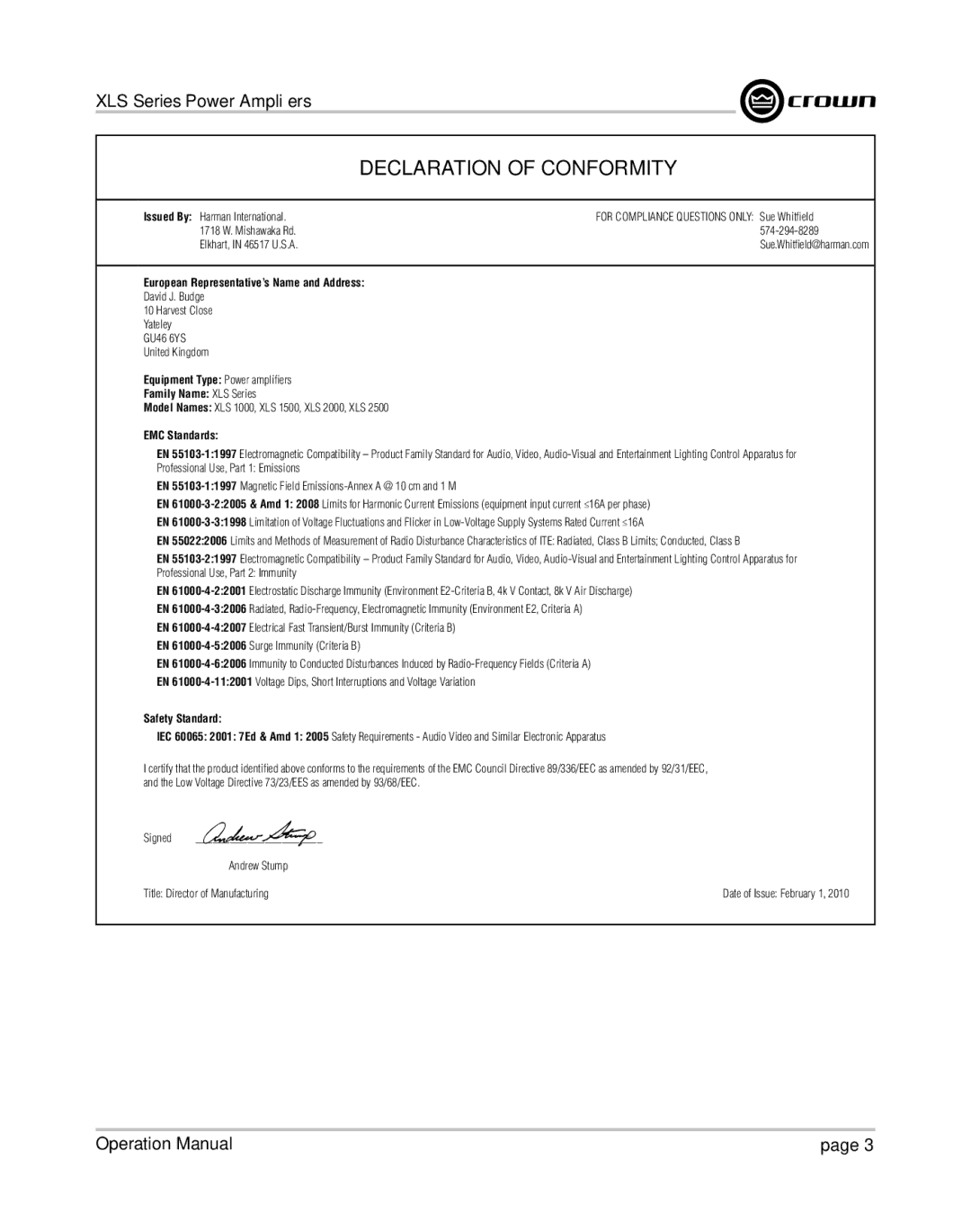 Crown XLS 1000 operation manual Declaration of Conformity 