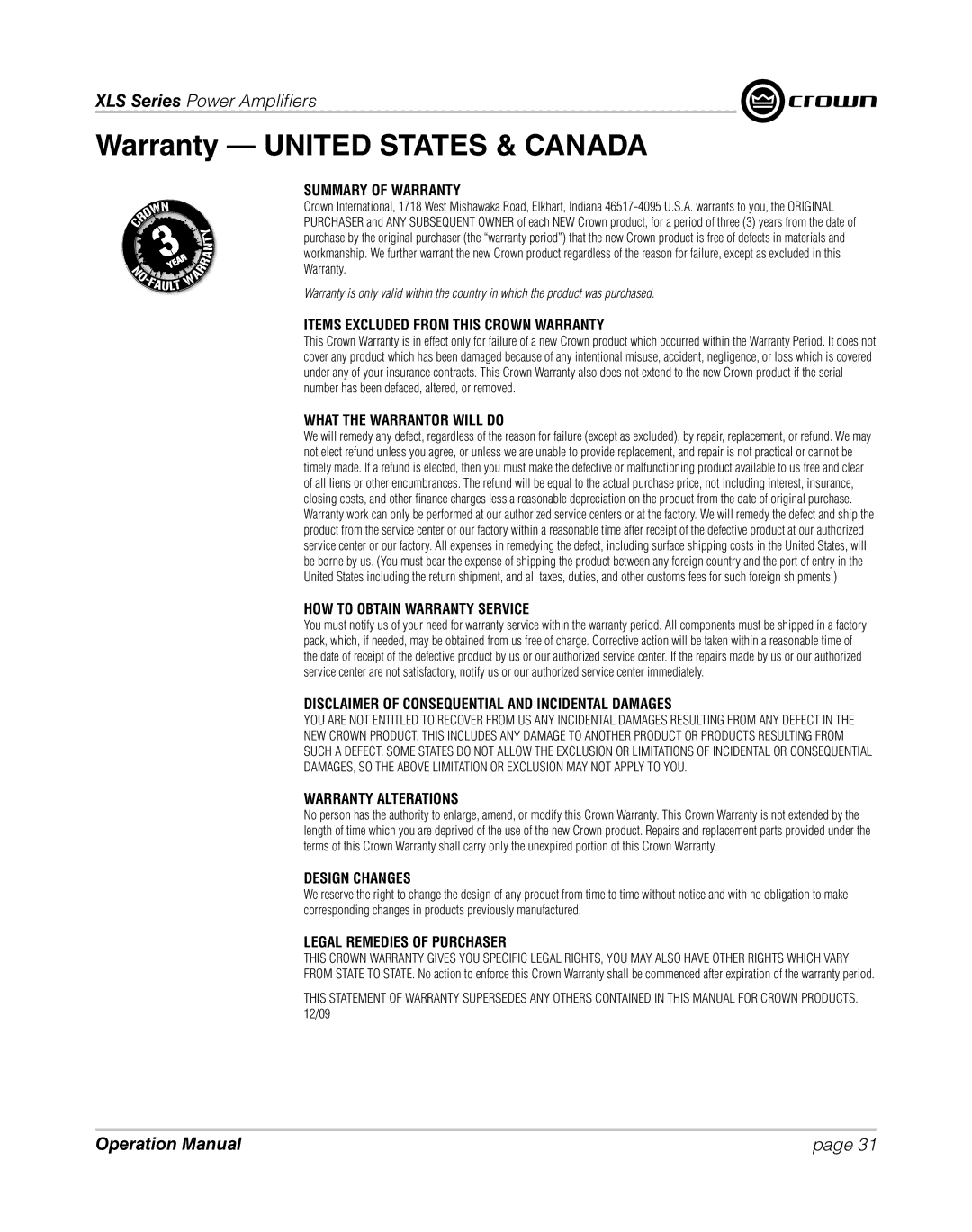 Crown XLS 1000 operation manual Warranty United States & Canada, Summary of Warranty 