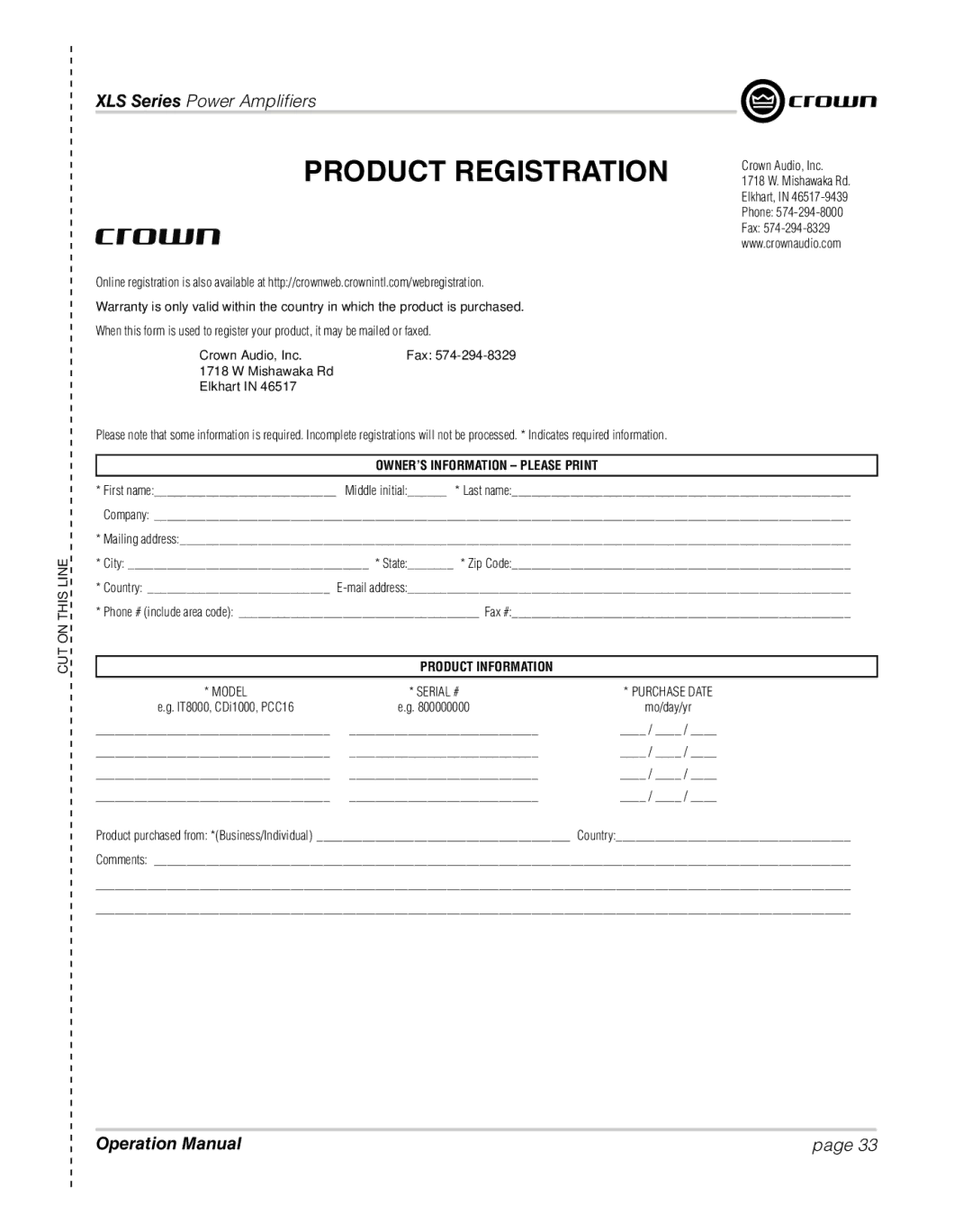 Crown XLS 1000 operation manual Crown Audio, Inc, IT8000, CDi1000, PCC16 