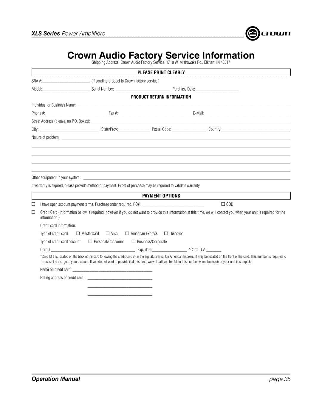 Crown XLS 1000 Crown Audio Factory Service Information, Type of credit card MasterCard Visa American Express 