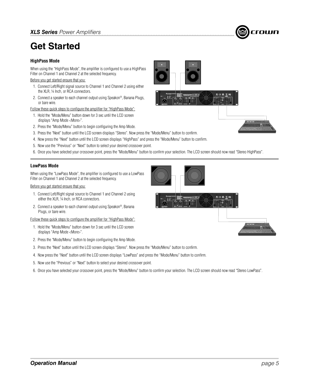 Crown XLS 1000 operation manual HighPass Mode, LowPass Mode 