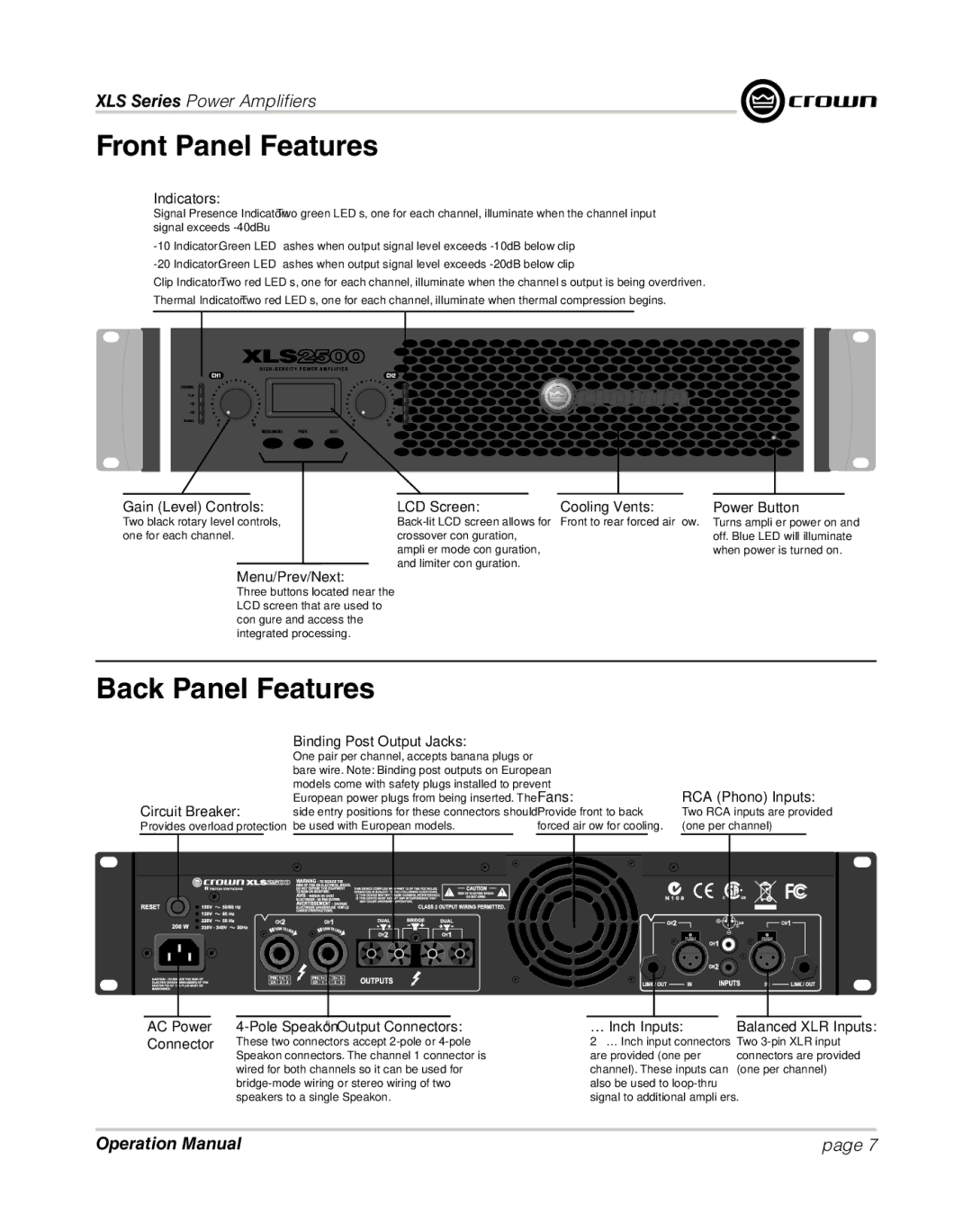 Crown XLS 1000 operation manual Front Panel Features, Back Panel Features, RCA Phono Inputs 