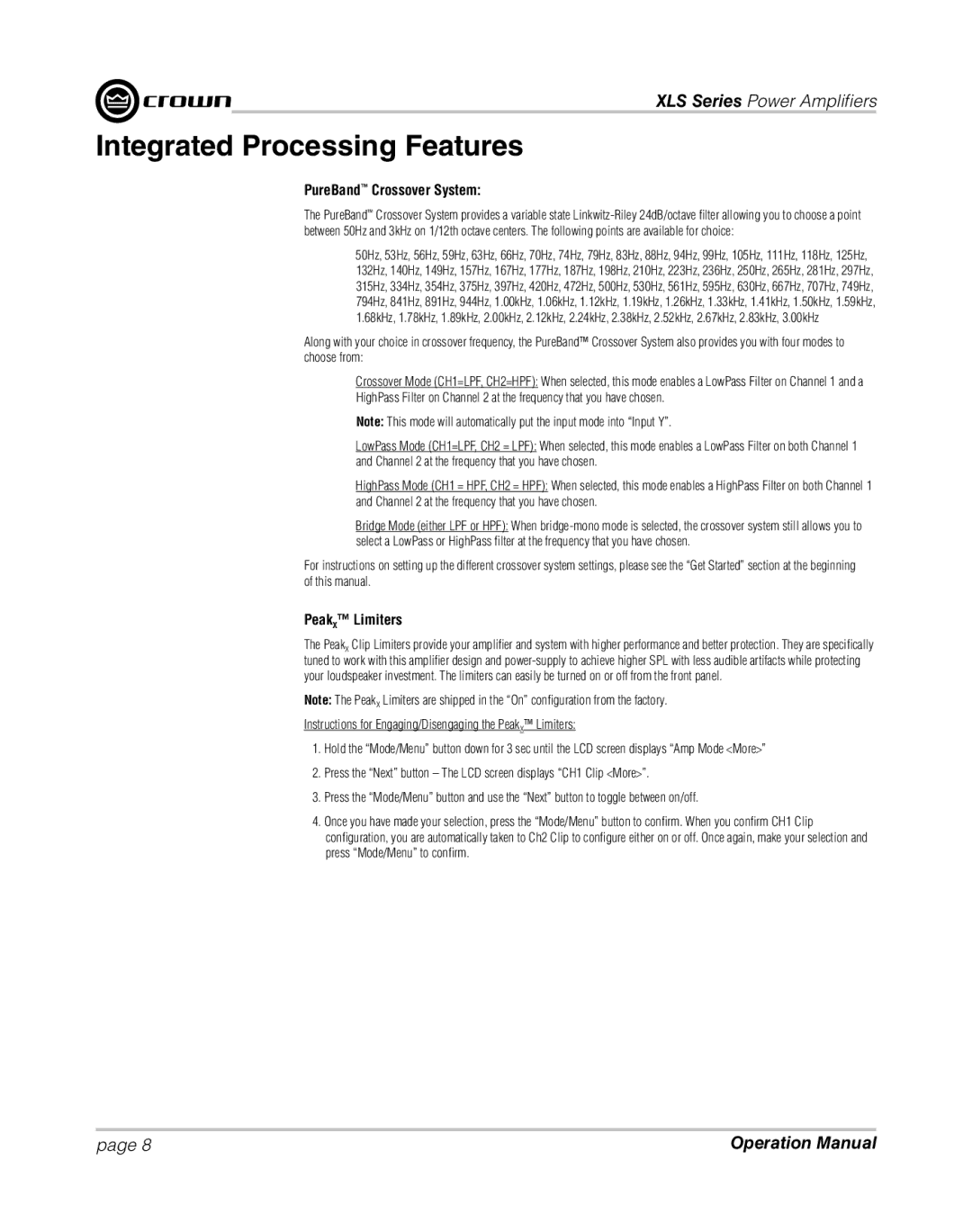 Crown XLS 1000 operation manual Integrated Processing Features, PureBand Crossover System, PeakX Limiters 