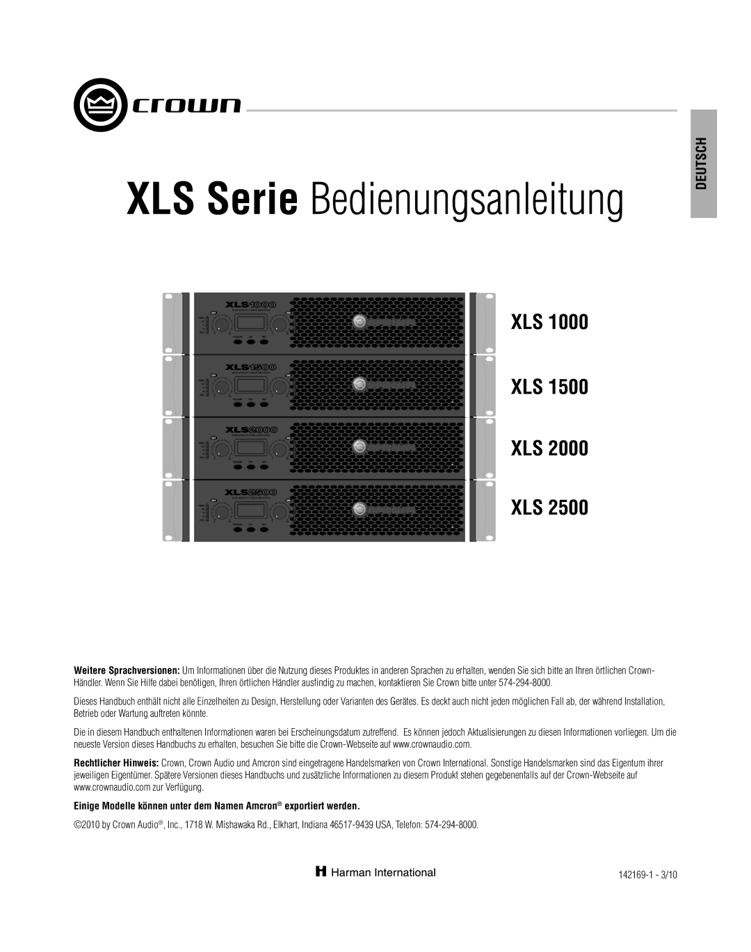 Crown XLS 1000 operation manual XLS Serie Bedienungsanleitung 