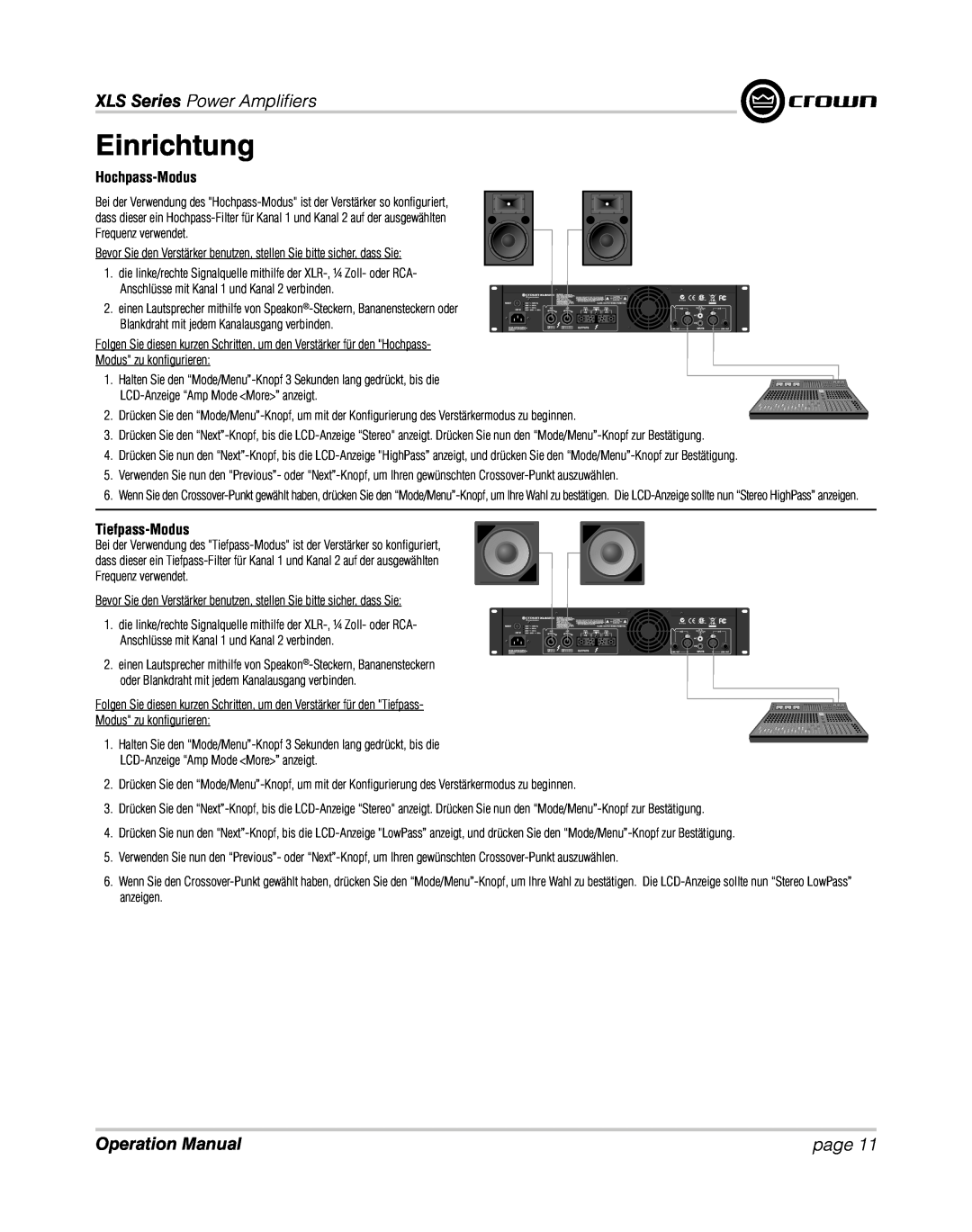 Crown XLS 1000 operation manual Hochpass-Modus, Tiefpass-Modus, Einrichtung, XLS Series Power Ampliﬁ ers, page 