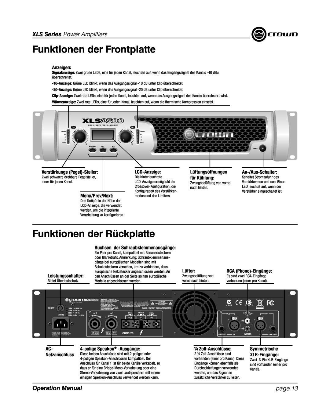 Crown XLS 1000 operation manual Funktionen der Frontplatte, Funktionen der Rückplatte, XLS Series Power Ampliﬁ ers, page 