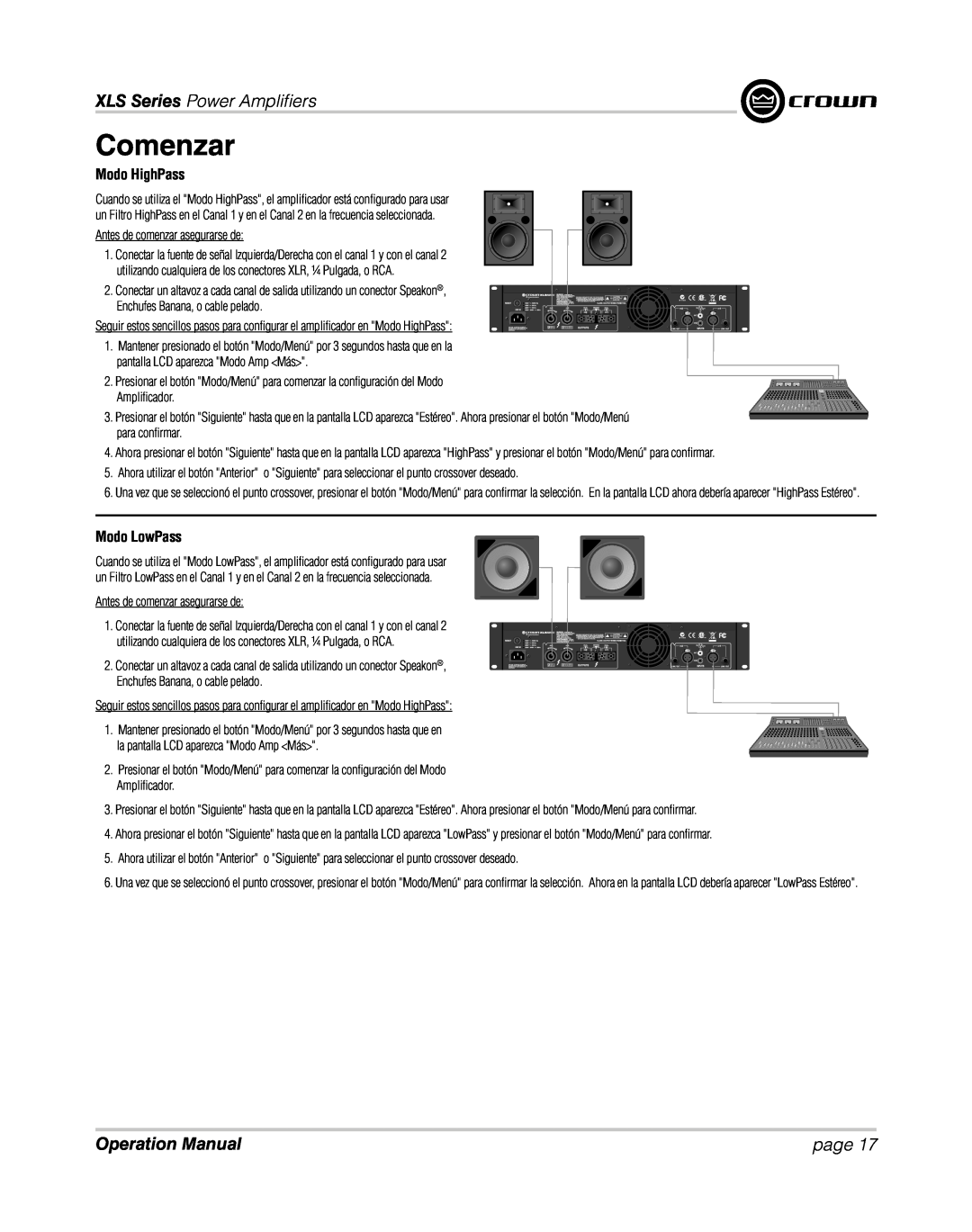 Crown XLS 1000 operation manual Modo HighPass, Modo LowPass, Comenzar, XLS Series Power Ampliﬁ ers, page 