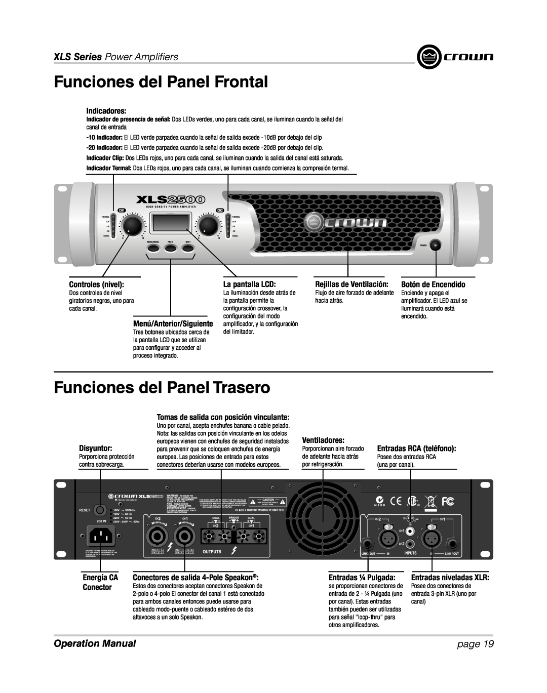 Crown XLS 1000 operation manual Funciones del Panel Frontal, Funciones del Panel Trasero, XLS Series Power Ampliﬁ ers, page 