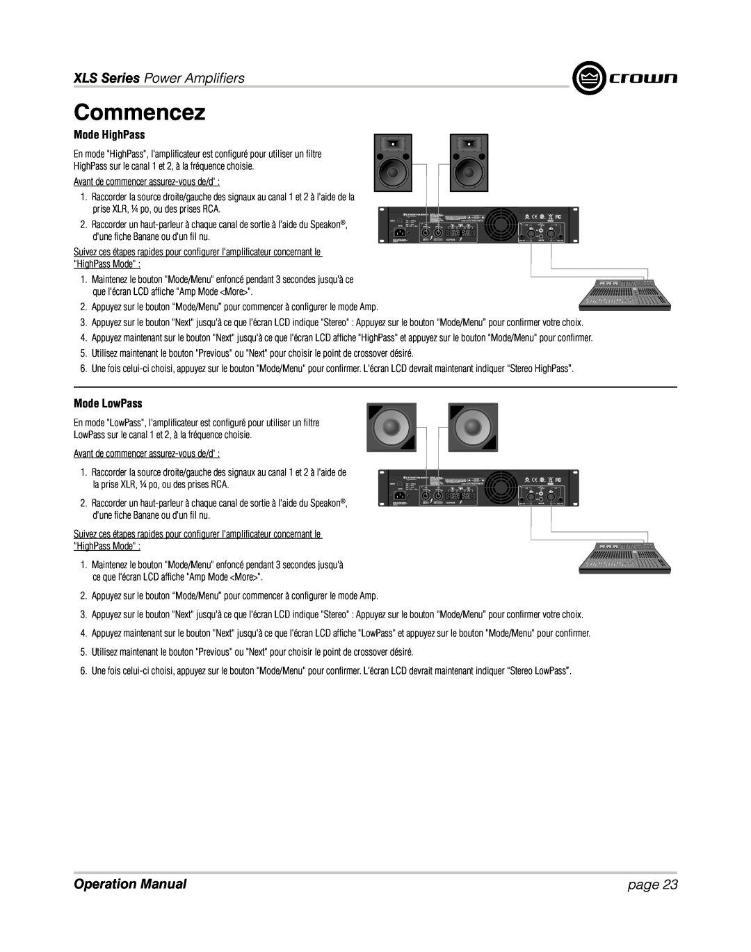 Crown XLS 1000 operation manual Mode HighPass, Mode LowPass, Commencez, XLS Series Power Ampliﬁ ers, page 