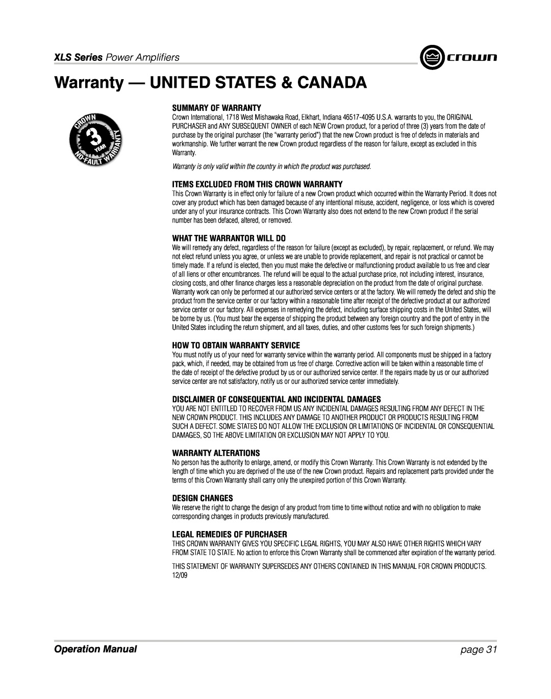 Crown XLS 1000 Warranty - UNITED STATES & CANADA, Summary Of Warranty, Items Excluded From This Crown Warranty, page 