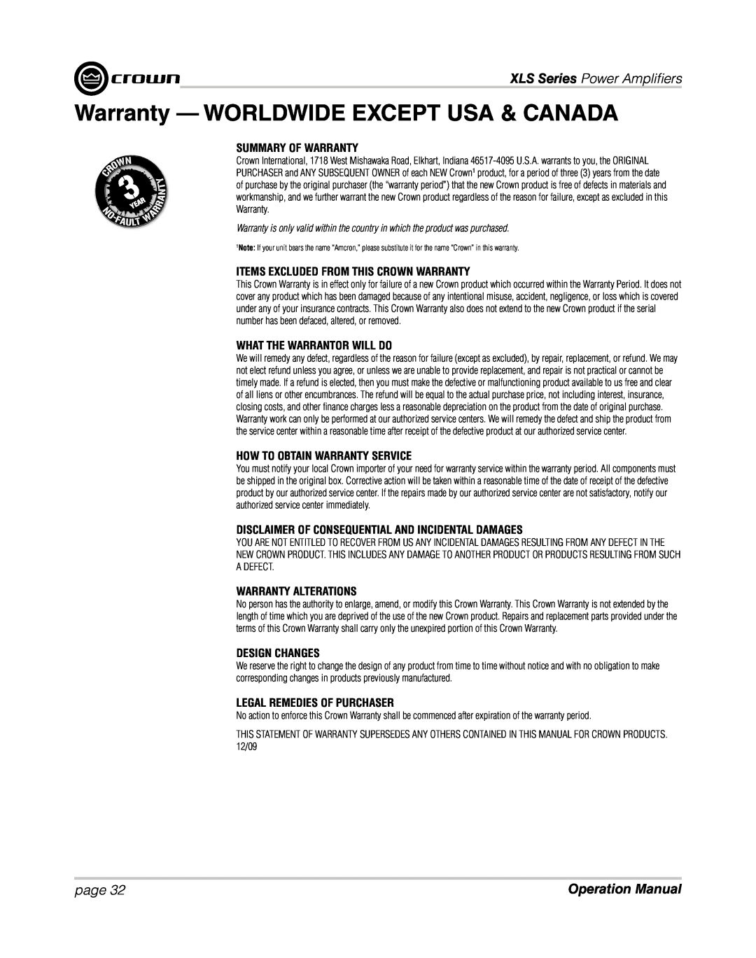 Crown XLS 1000 Warranty - WORLDWIDE EXCEPT USA & CANADA, XLS Series Power Ampliﬁ ers, page, Summary Of Warranty 