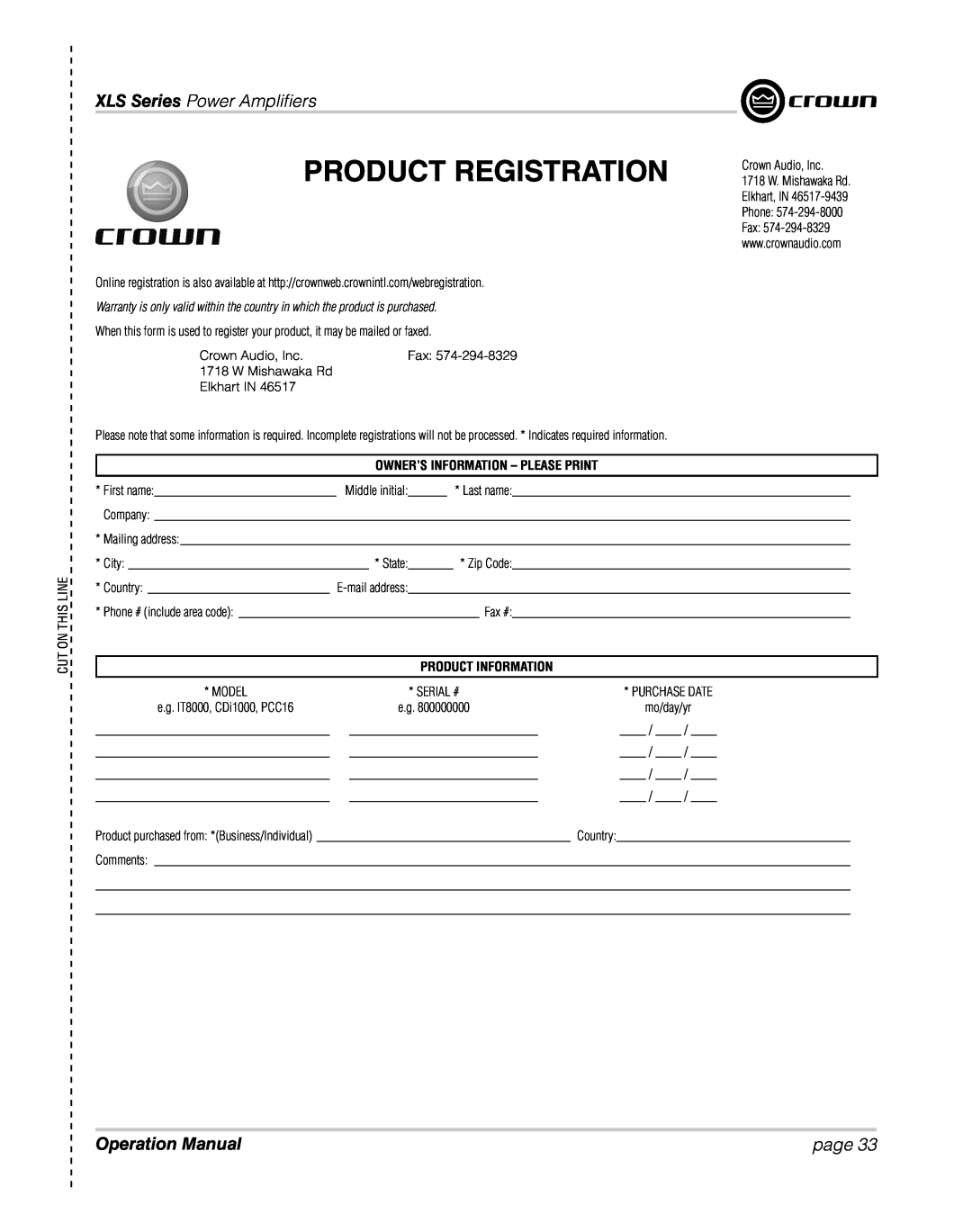 Crown XLS 1000 Product Registration, XLS Series Power Ampliﬁ ers, page, Cut On This Line, Product Information 